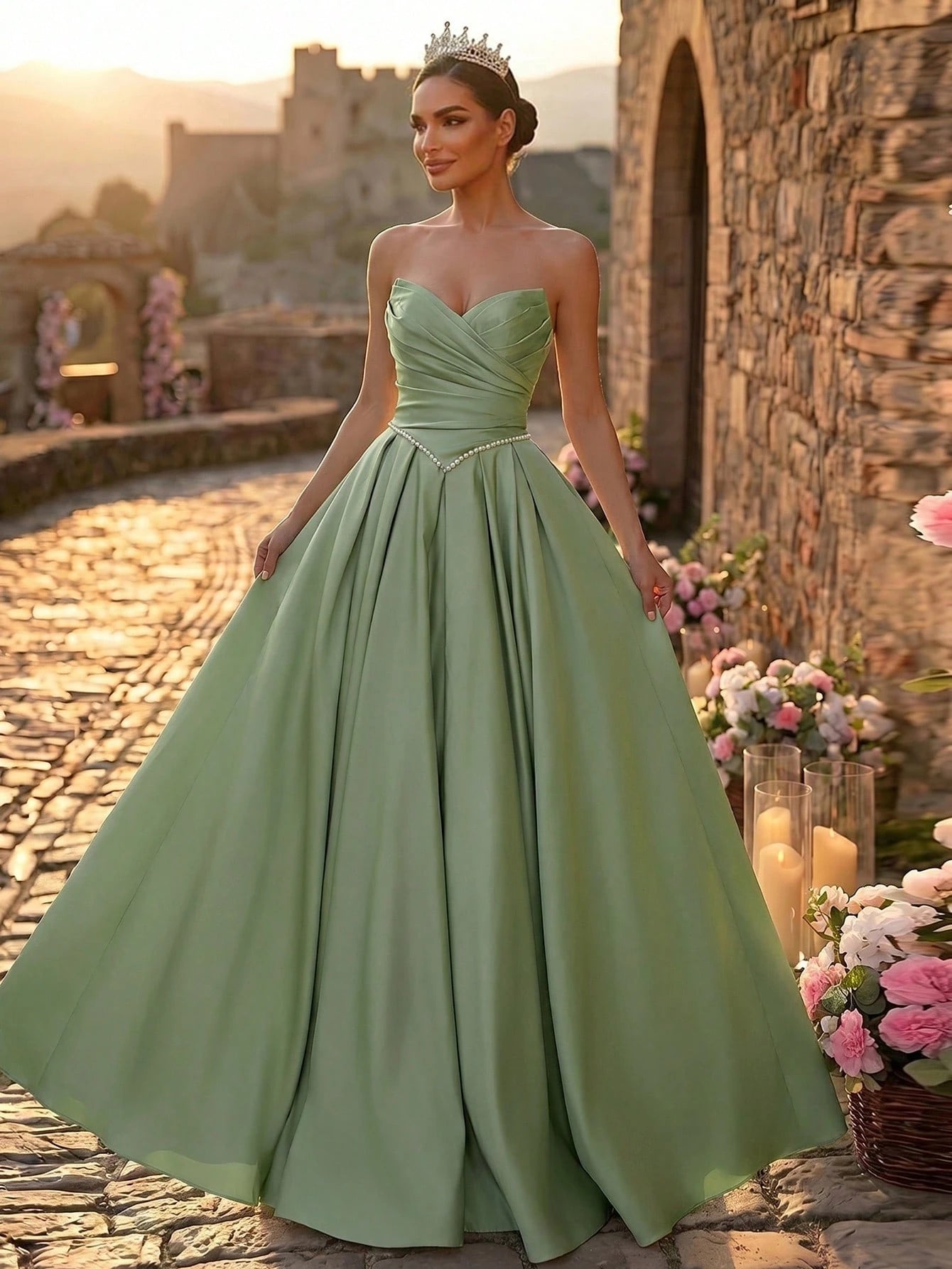 Glamrae Elegant Luxurious Satin Ruched Extra-Wide Hem Sexy Strapless Dress, Suitable For Weddings, Events, - image 14