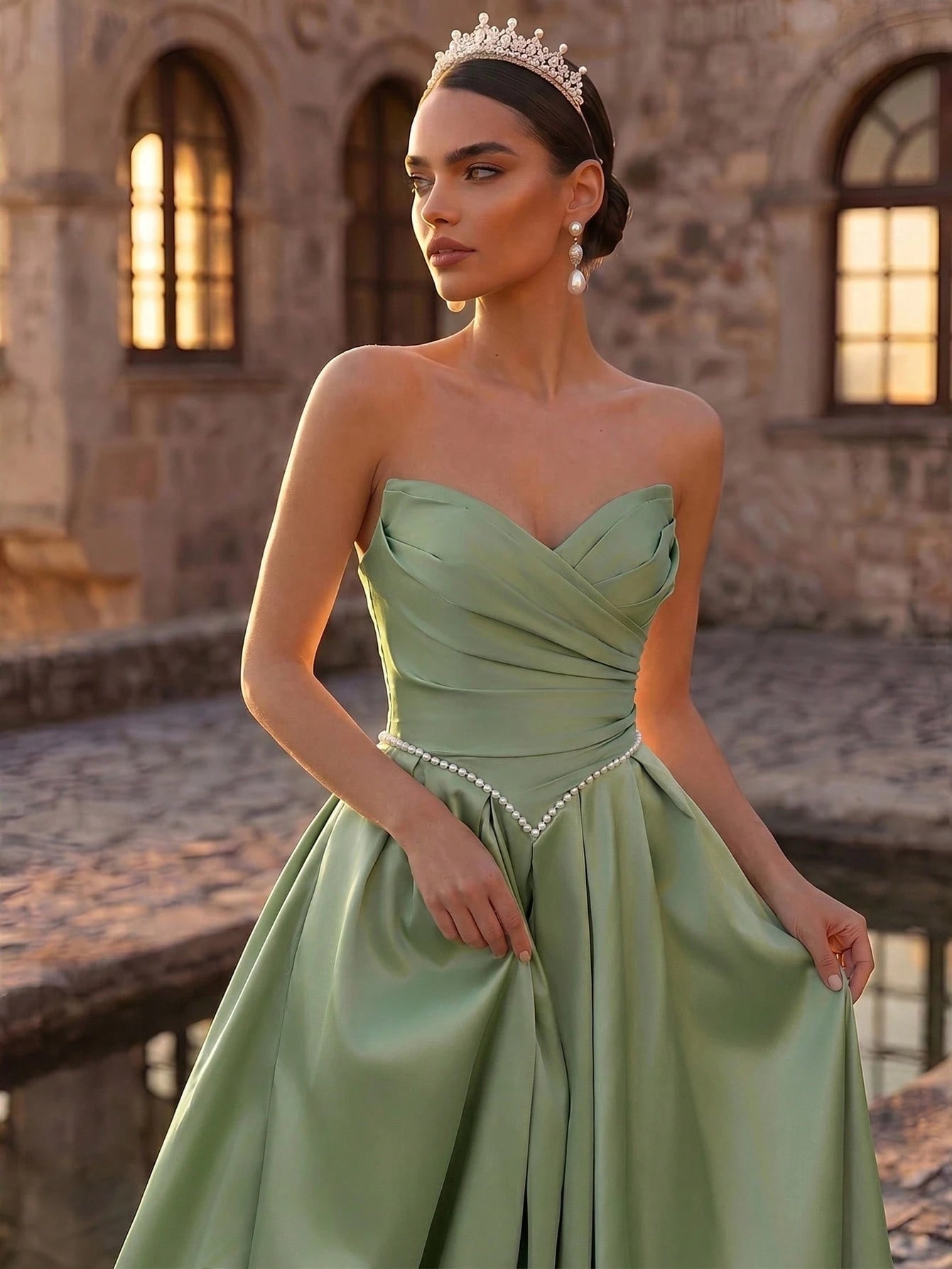 Glamrae Elegant Luxurious Satin Ruched Extra-Wide Hem Sexy Strapless Dress, Suitable For Weddings, Events, - image 15