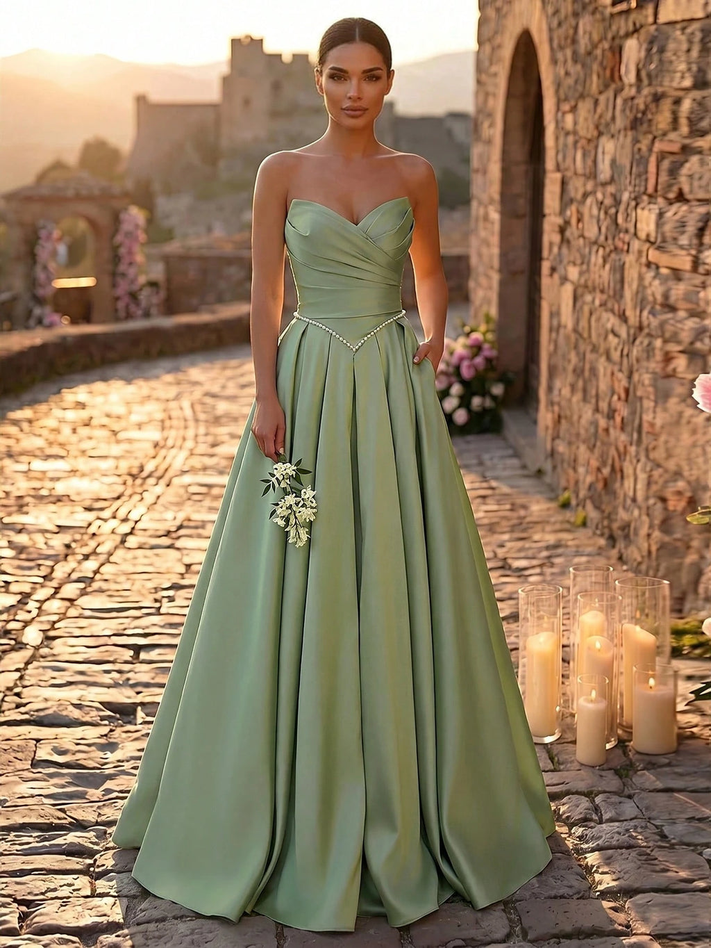 Glamrae Elegant Luxurious Satin Ruched Extra-Wide Hem Sexy Strapless Dress, Suitable For Weddings, Events, - image 16