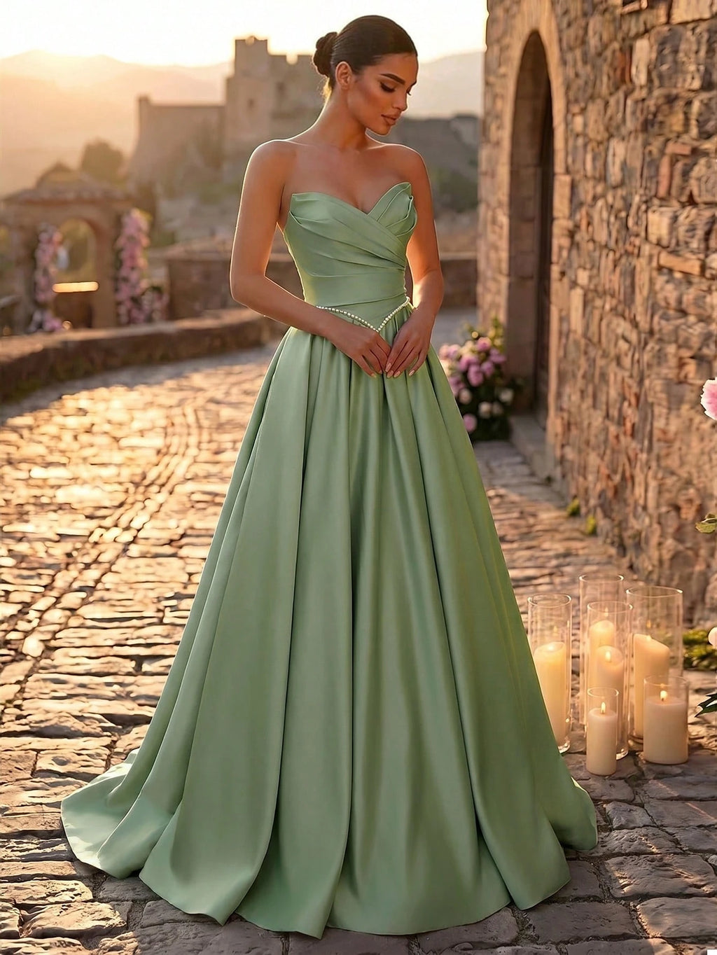 Glamrae Elegant Luxurious Satin Ruched Extra-Wide Hem Sexy Strapless Dress, Suitable For Weddings, Events, - image 17