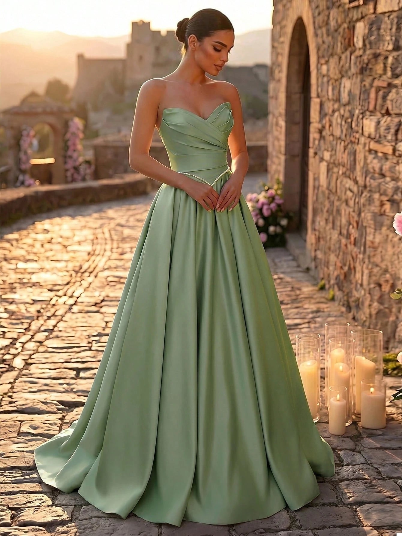 Glamrae Elegant Luxurious Satin Ruched Extra-Wide Hem Sexy Strapless Dress, Suitable For Weddings, Events, - image 17