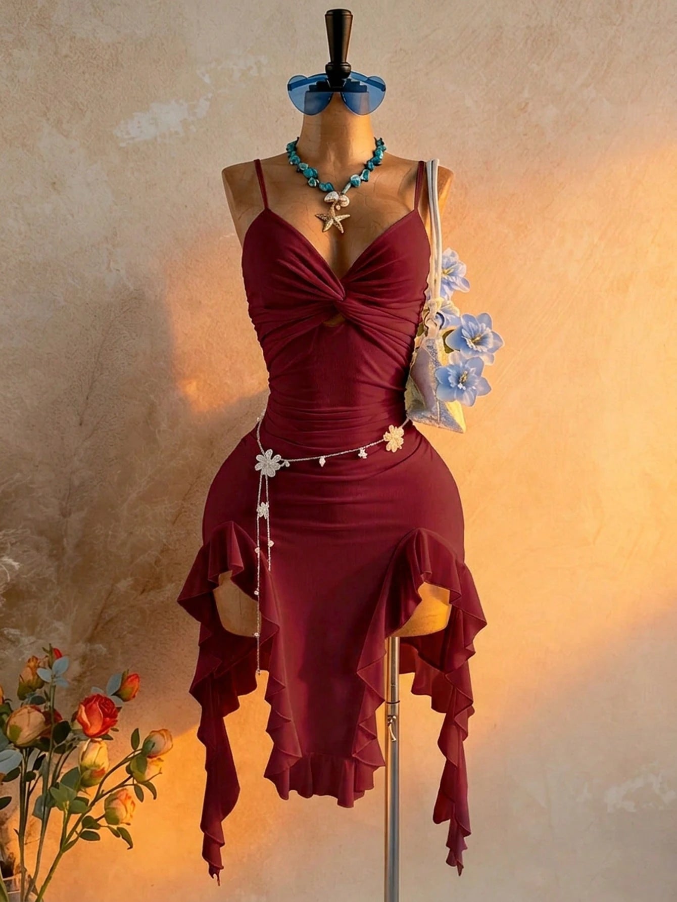 Soleia Women's Elegant Boho Sexy Waist-Cinched Spaghetti Strap Ruffle
