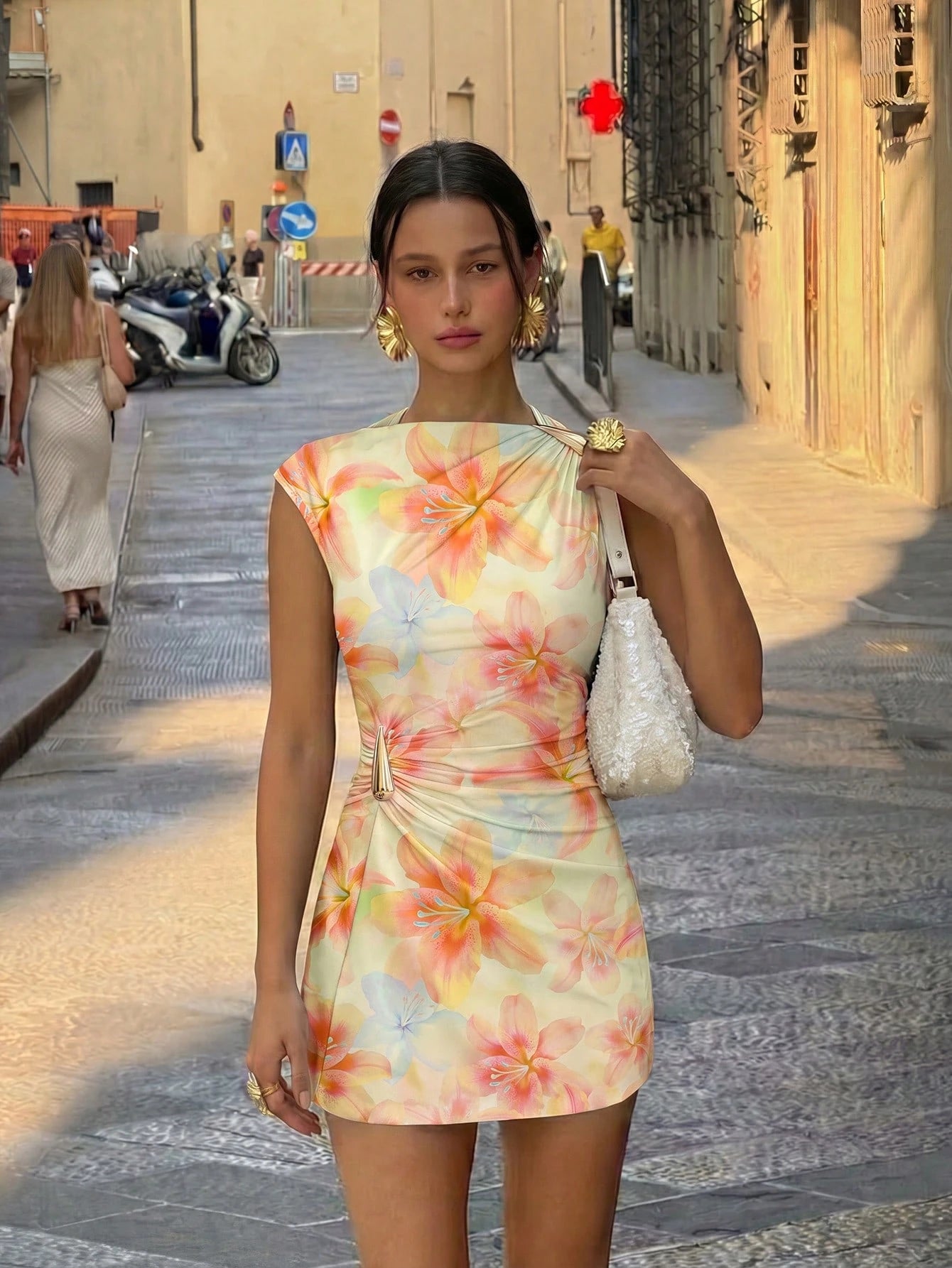 Aloruh Women's Elegant Tropical Orange Floral Hibiscus Print Metal Decor Ruched Umbrella Hem Mini Dress, - image 3