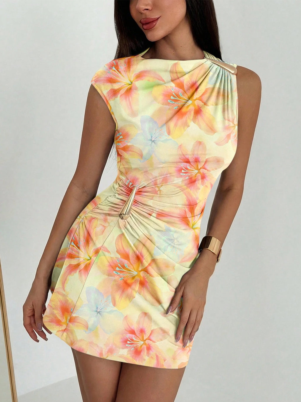 Aloruh Women's Elegant Tropical Orange Floral Hibiscus Print Metal Decor Ruched Umbrella Hem Mini Dress, - image 6