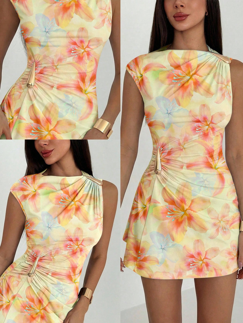 Aloruh Women's Elegant Tropical Orange Floral Hibiscus Print Metal Decor Ruched Umbrella Hem Mini Dress, - image 9