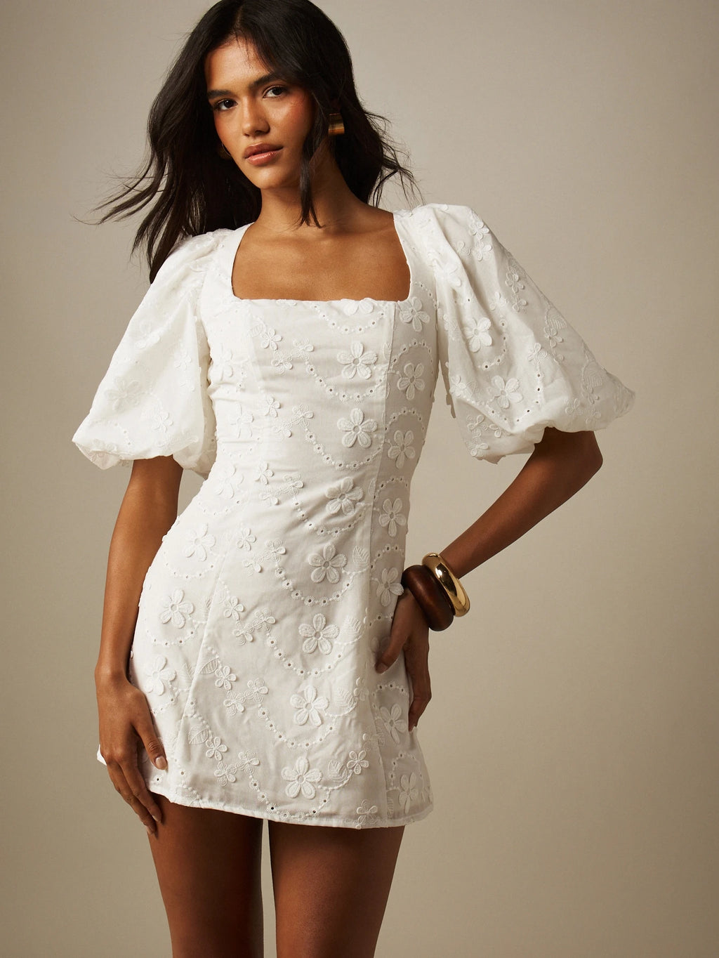 MISSGUIDED Floral Linen Feel Mini Dress Square Neck Puff Sleeve Aline