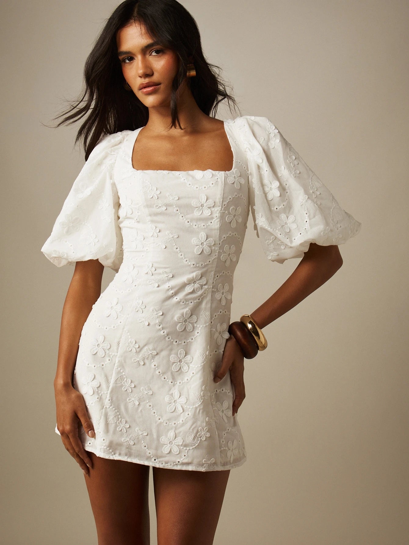 MISSGUIDED Floral Linen Feel Mini Dress Square Neck Puff Sleeve Aline