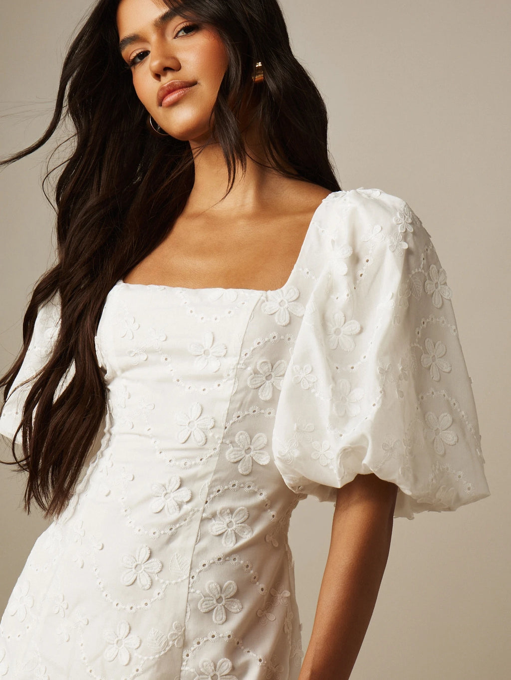 MISSGUIDED Floral Linen Feel Mini Dress Square Neck Puff Sleeve Aline