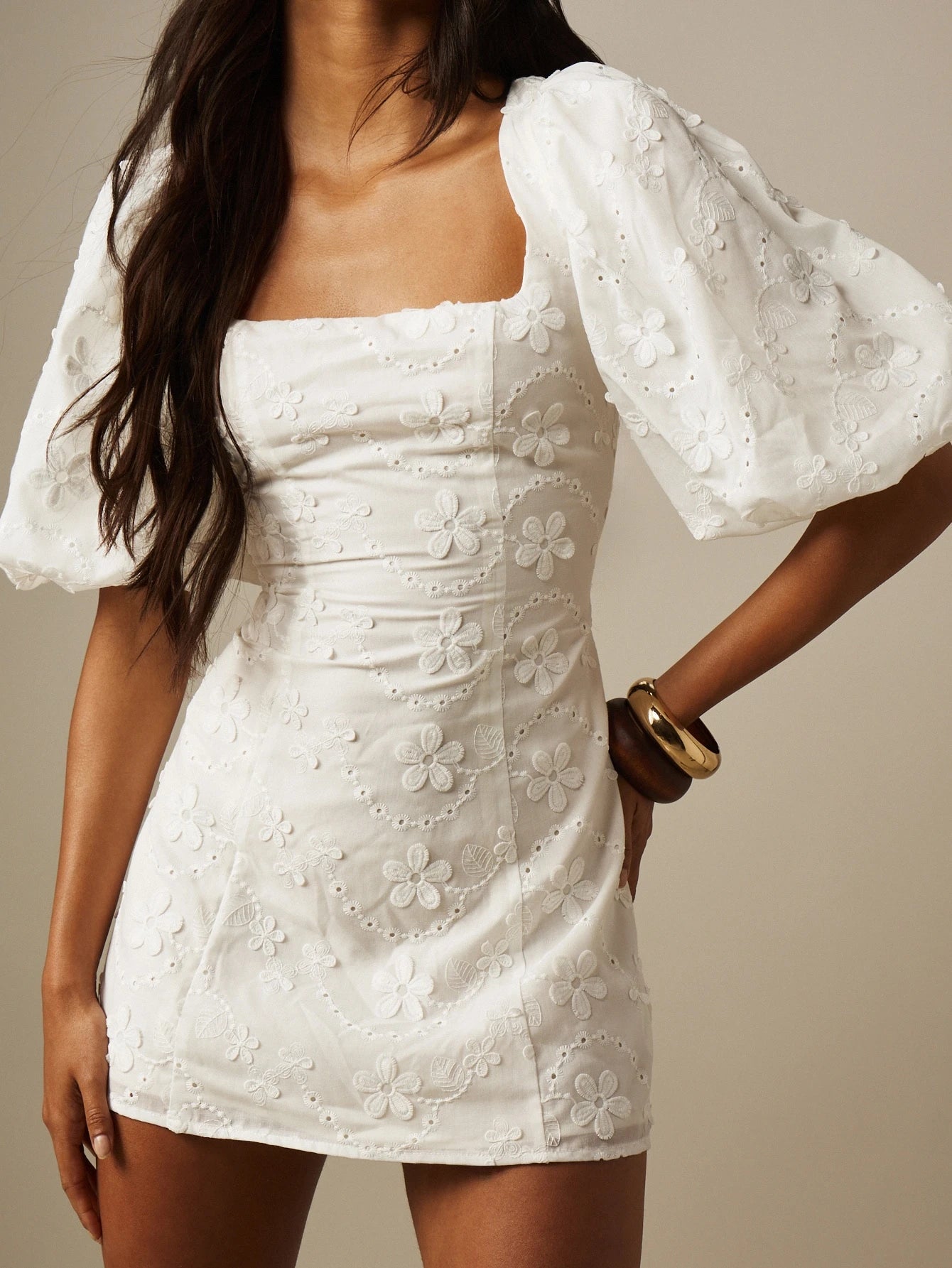 MISSGUIDED Floral Linen Feel Mini Dress Square Neck Puff Sleeve Aline