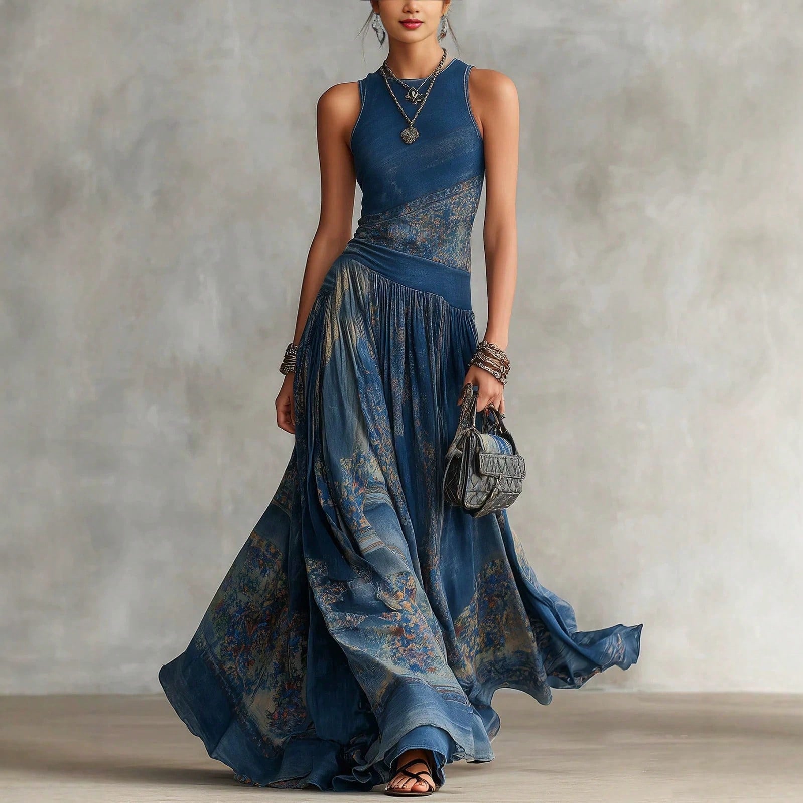 Elegant Round Neck Sleeveless Printed Maxi Dress, Flowy Pleated Waist