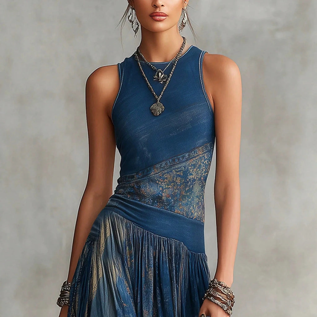 Elegant Round Neck Sleeveless Printed Maxi Dress, Flowy Pleated Waist