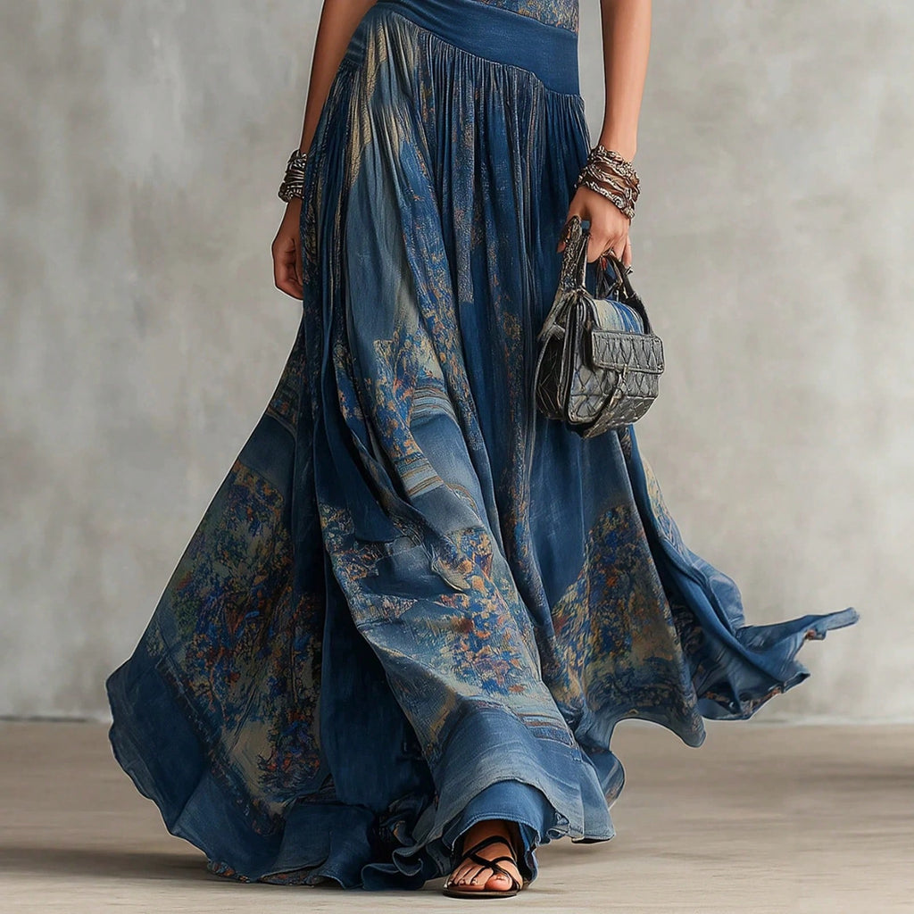 Elegant Round Neck Sleeveless Printed Maxi Dress, Flowy Pleated Waist