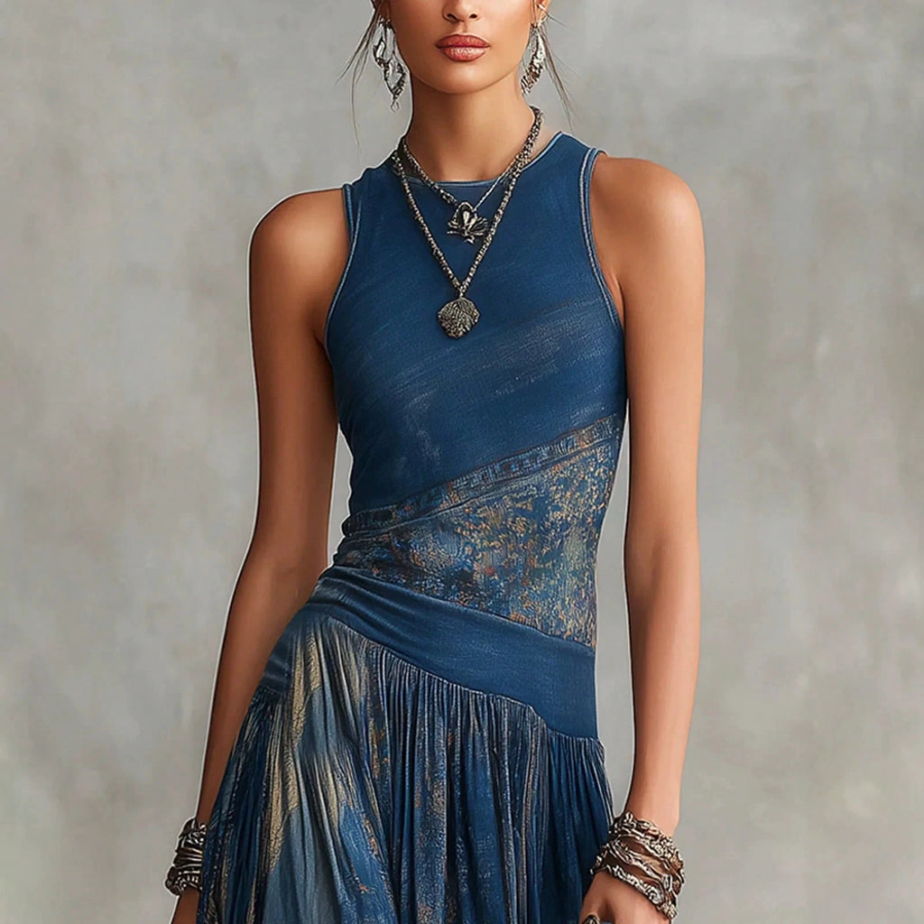 Elegant Round Neck Sleeveless Printed Maxi Dress, Flowy Pleated Waist