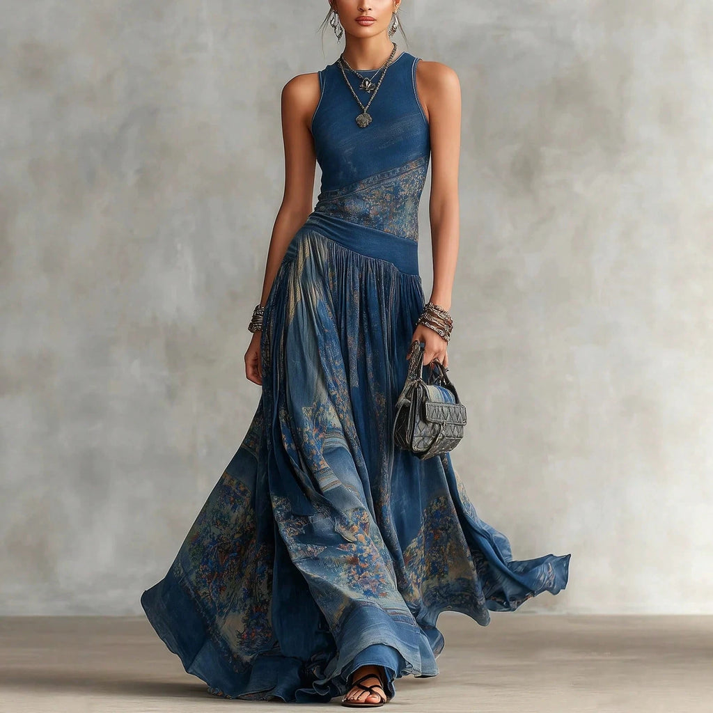 Elegant Round Neck Sleeveless Printed Maxi Dress, Flowy Pleated Waist