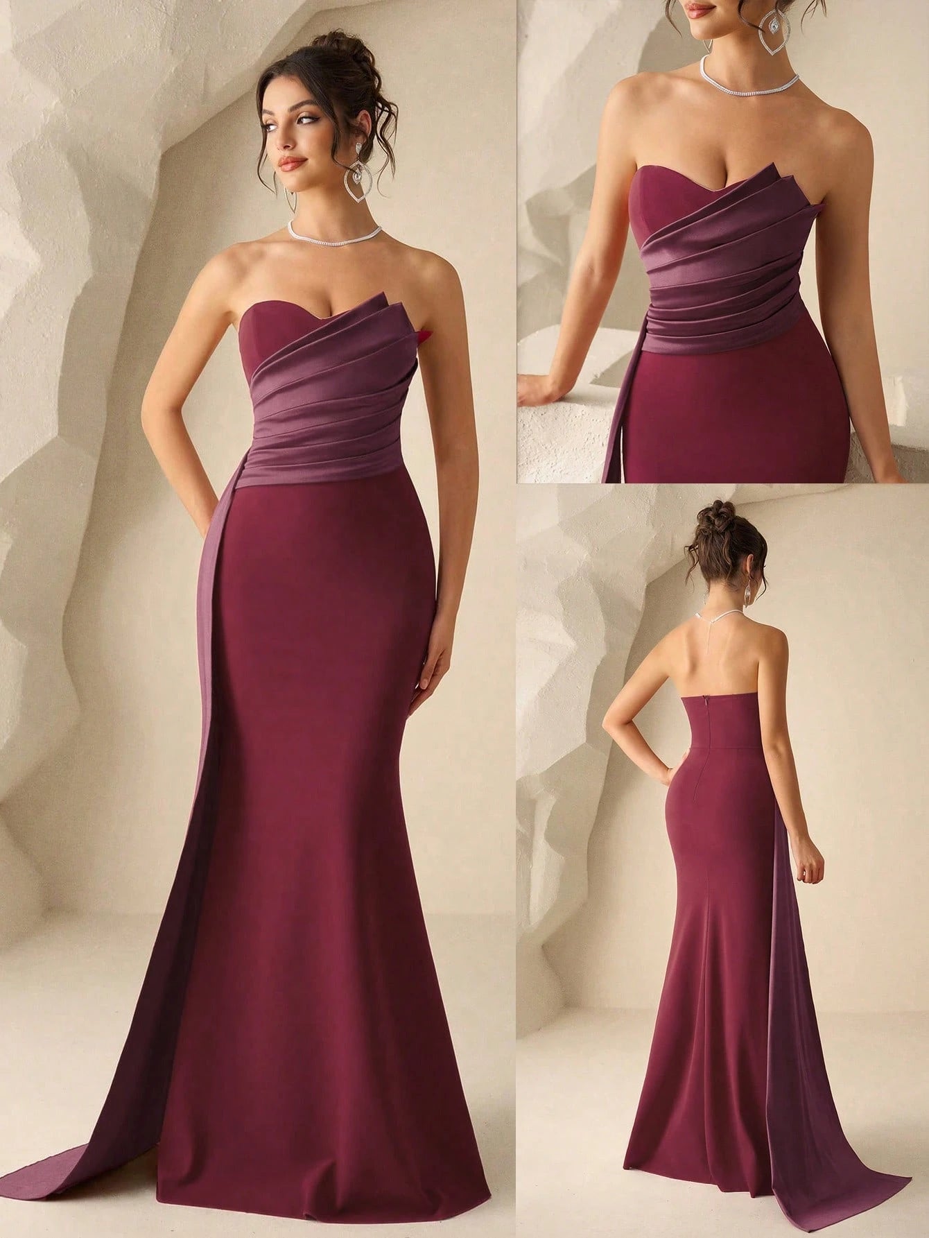 Coutiva Women's Burgundy Summer Elegant Formal Wedding Dress,Ruched Fishtail Hem Strapless Bridesmaid - image 20