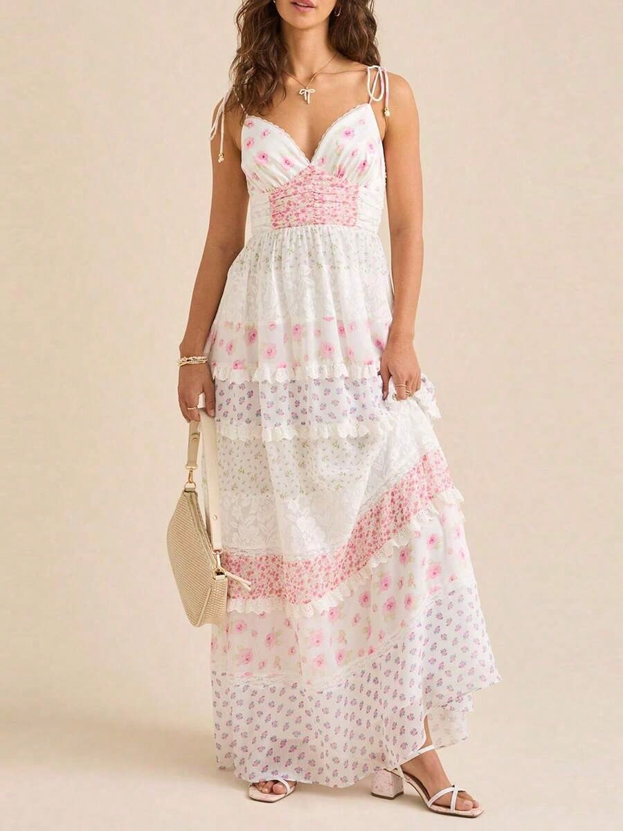 Summer Dresses For WomenWomen Spaghetti Strap Maxi Dress Y2k Floral Lace Trim Ruffle Tie Shoulder Long Dress