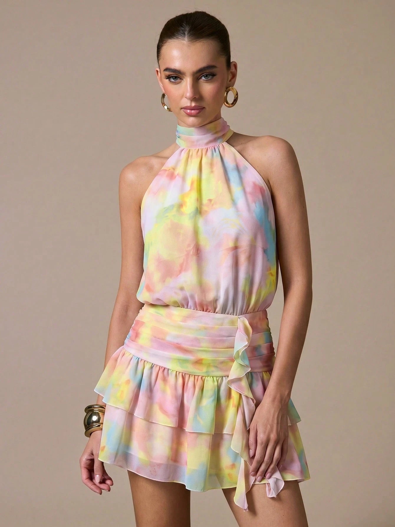 BAE Women's Tie-Dye Print Pleated Fitted Sleeveless Dress