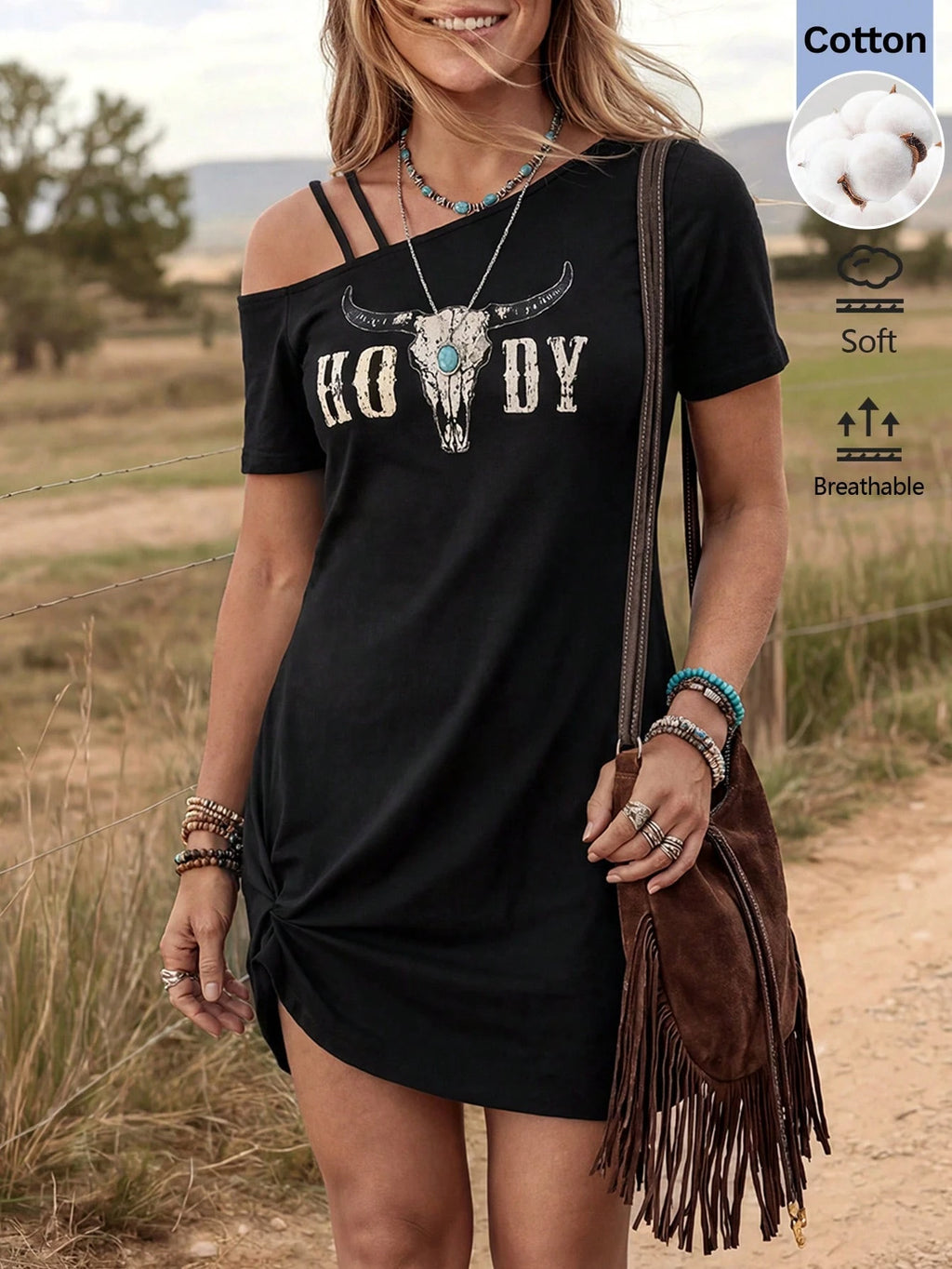 Wildy Women's Summer Casual Country Western Graphic Mini Dress,Black