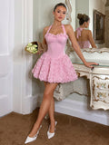 Soft Pink Summer Mama Mia Party Women's Halter 3D Rose Corset Mini Dress,Elegant Sweet Spicy A-Line Fluffy