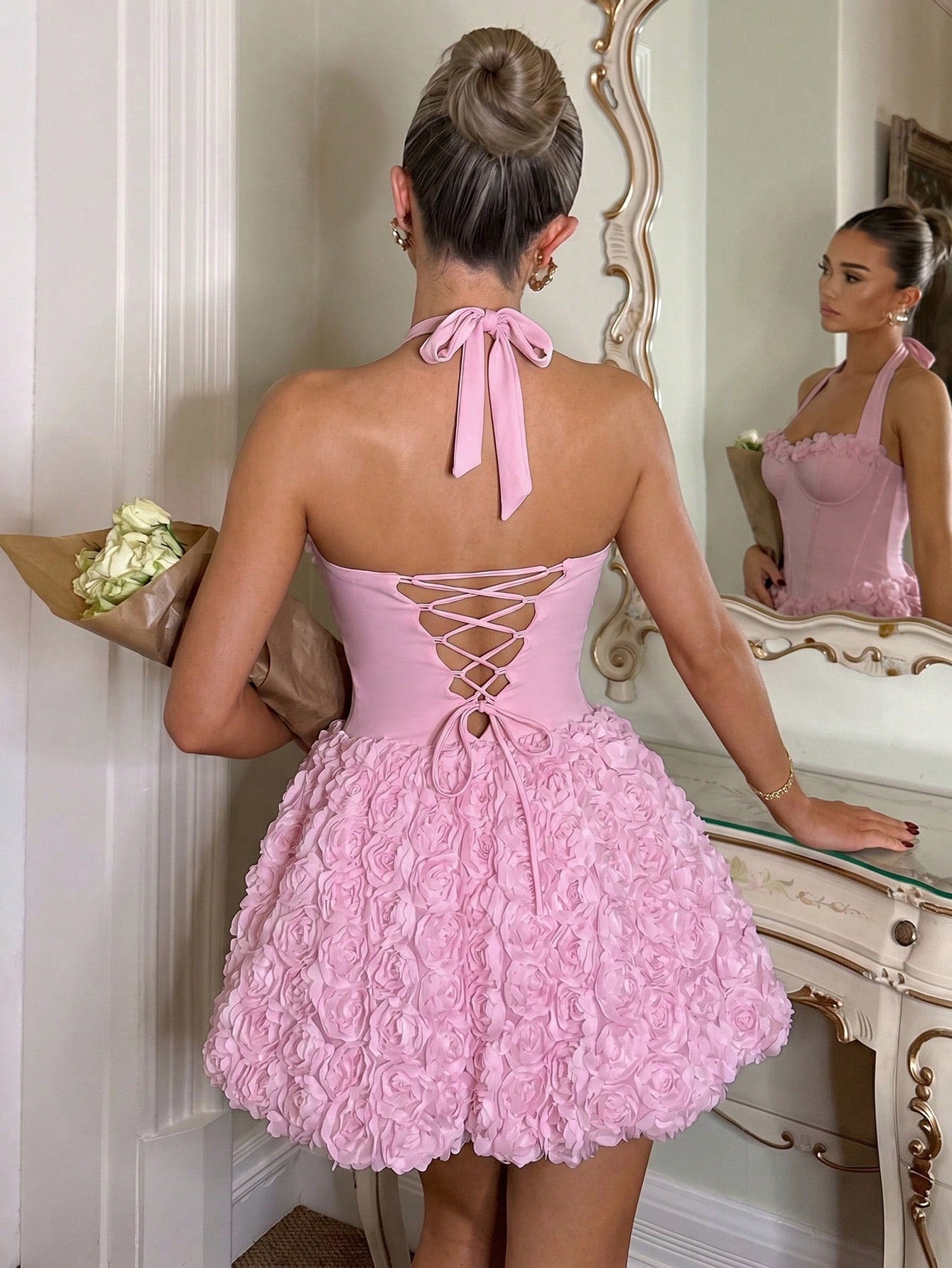 Soft Pink Summer Mama Mia Party Women's Halter 3D Rose Corset Mini Dress,Elegant Sweet Spicy A-Line Fluffy - image 2