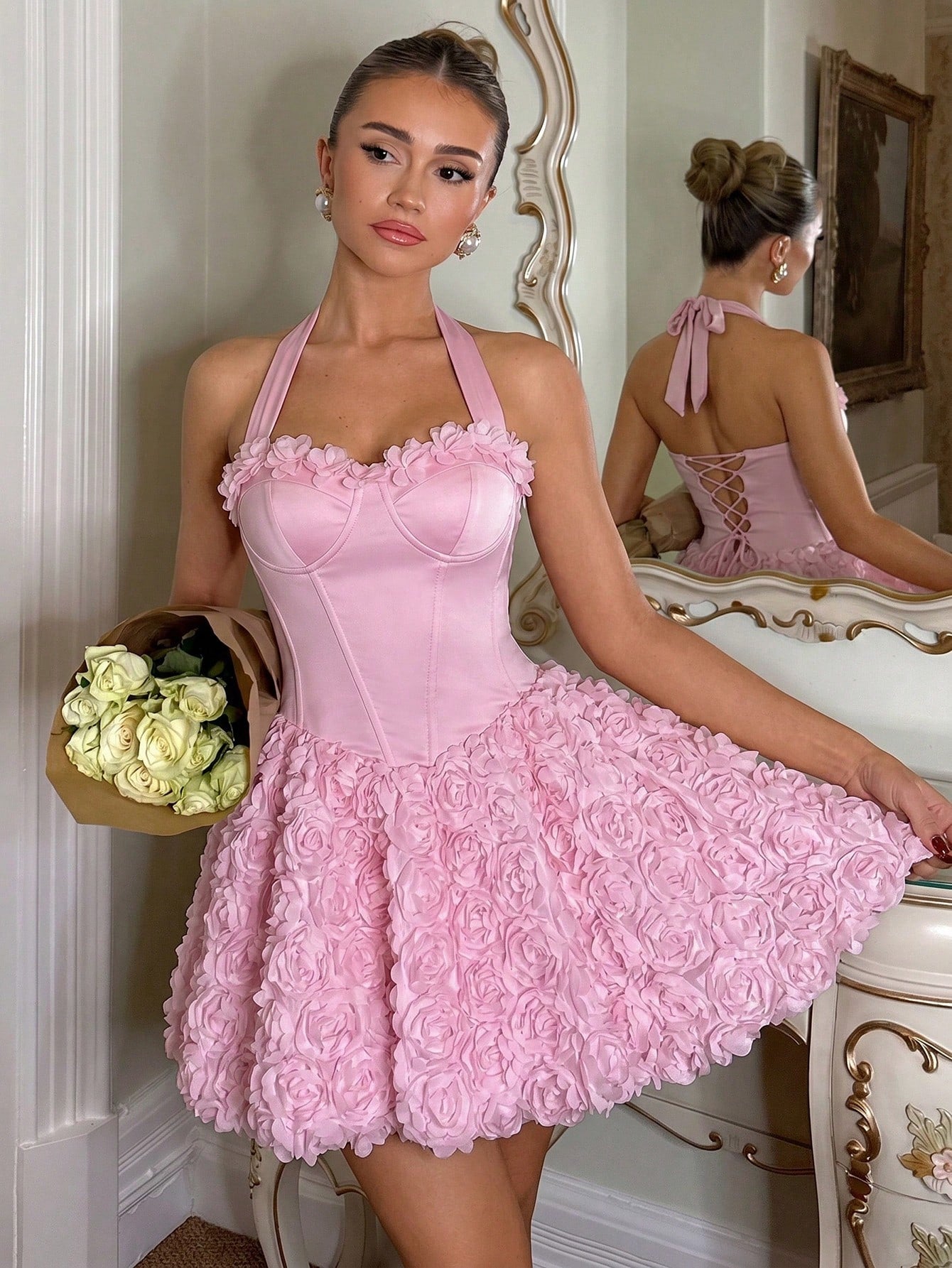 Soft Pink Summer Mama Mia Party Women's Halter 3D Rose Corset Mini Dress,Elegant Sweet Spicy A-Line Fluffy - image 3
