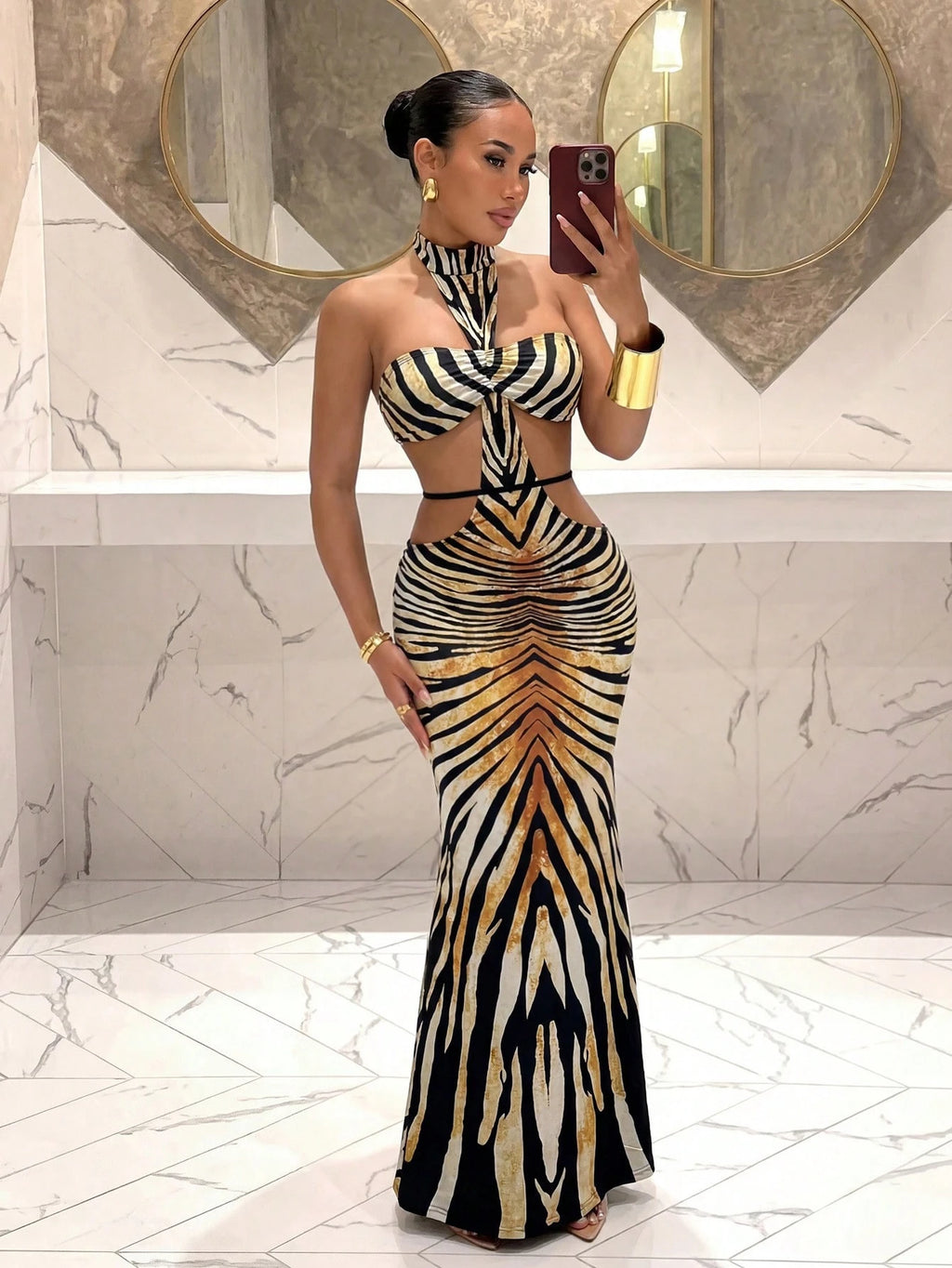 Slaydiva Women's High-Necked Zebra Print Long Dress,Revealing Waistband With Tie,Black And White Leopard - image 3