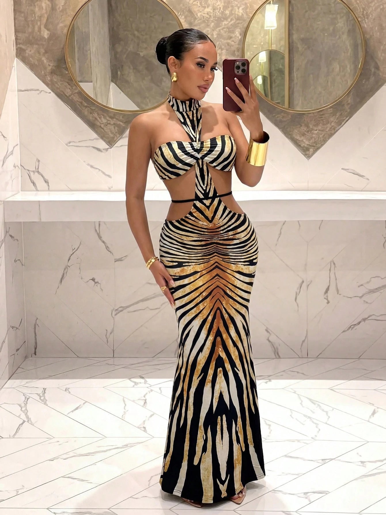 Slaydiva Women's High-Necked Zebra Print Long Dress,Revealing Waistband With Tie,Black And White Leopard - image 3
