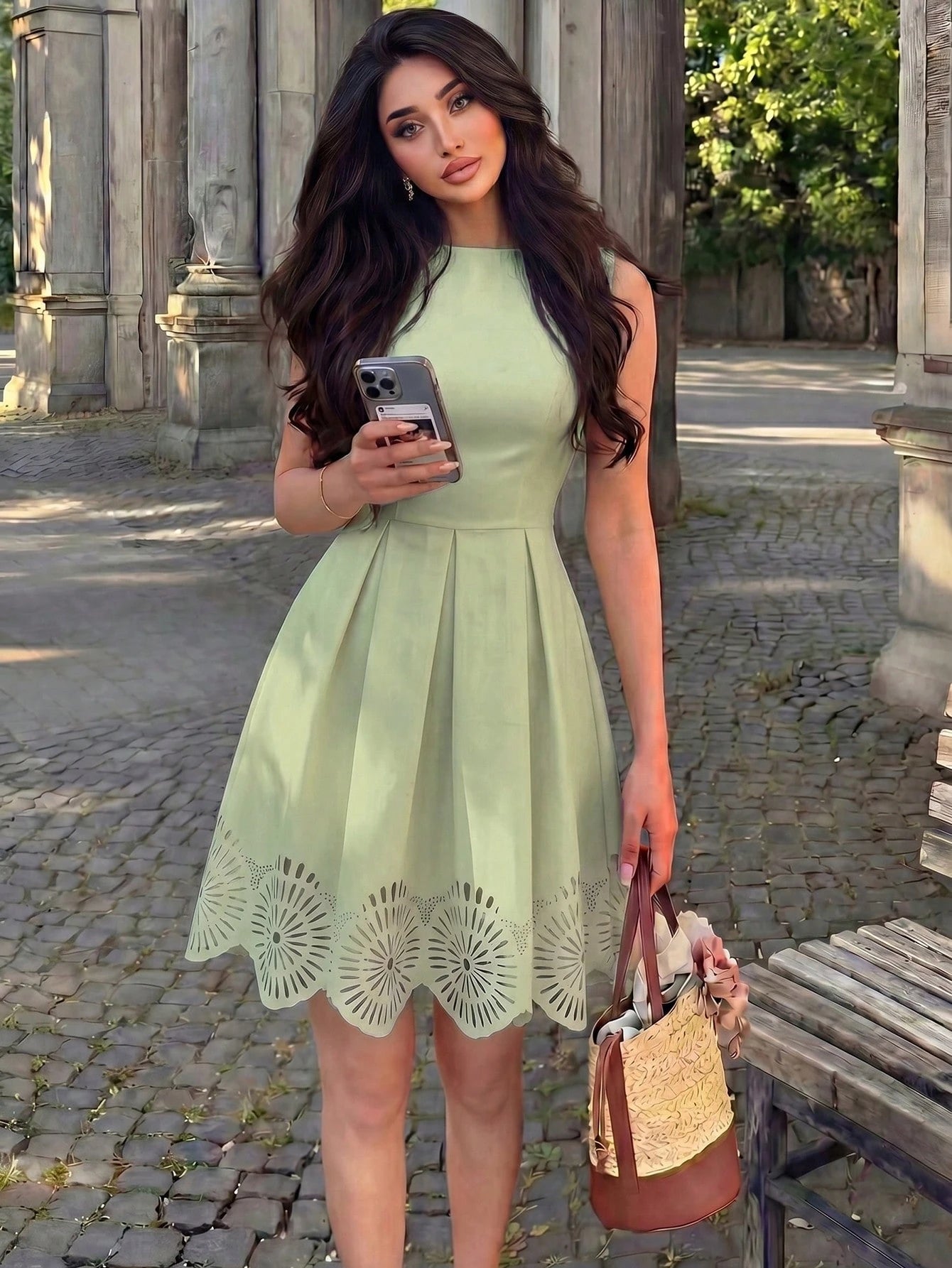 Women's Spring/Summer Apricot Sleeveless Waist-Cinching Dress
