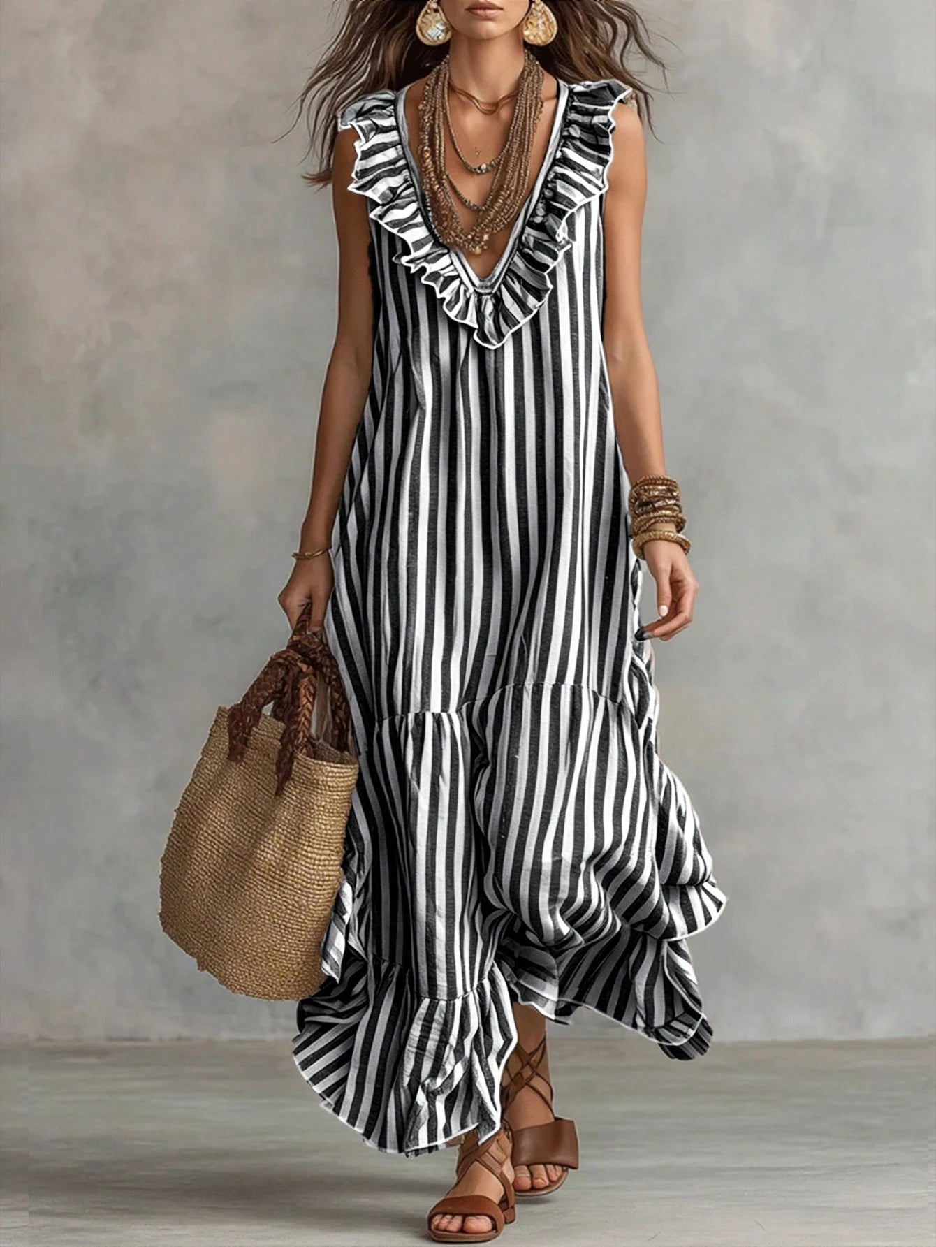 LUMIGAL Women's Woven Casual Resort Striped Summer Long Dress