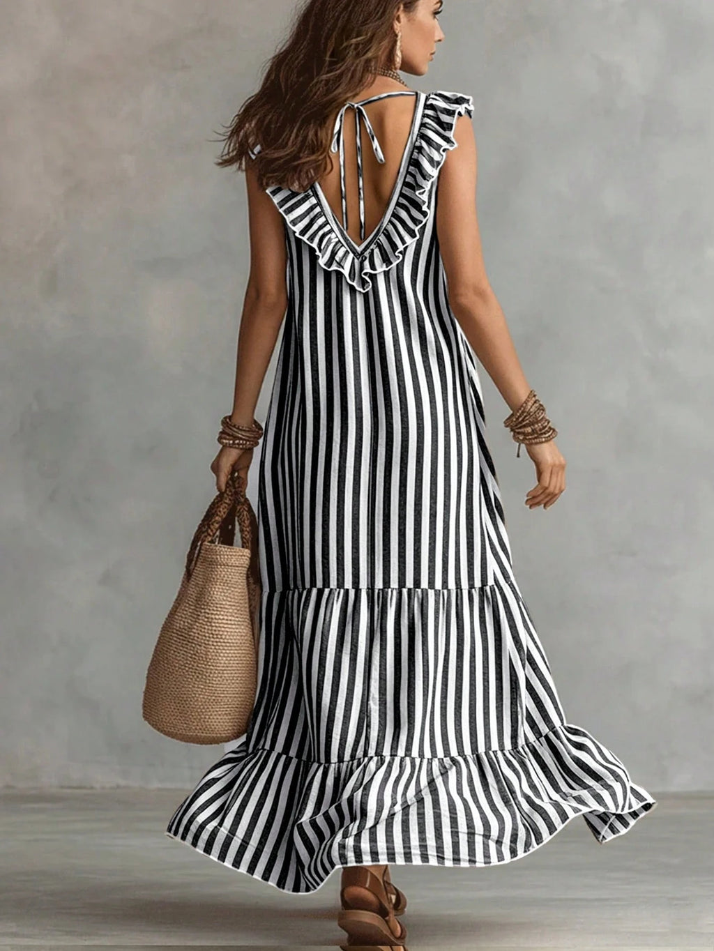 LUMIGAL Women's Woven Casual Resort Striped Summer Long Dress