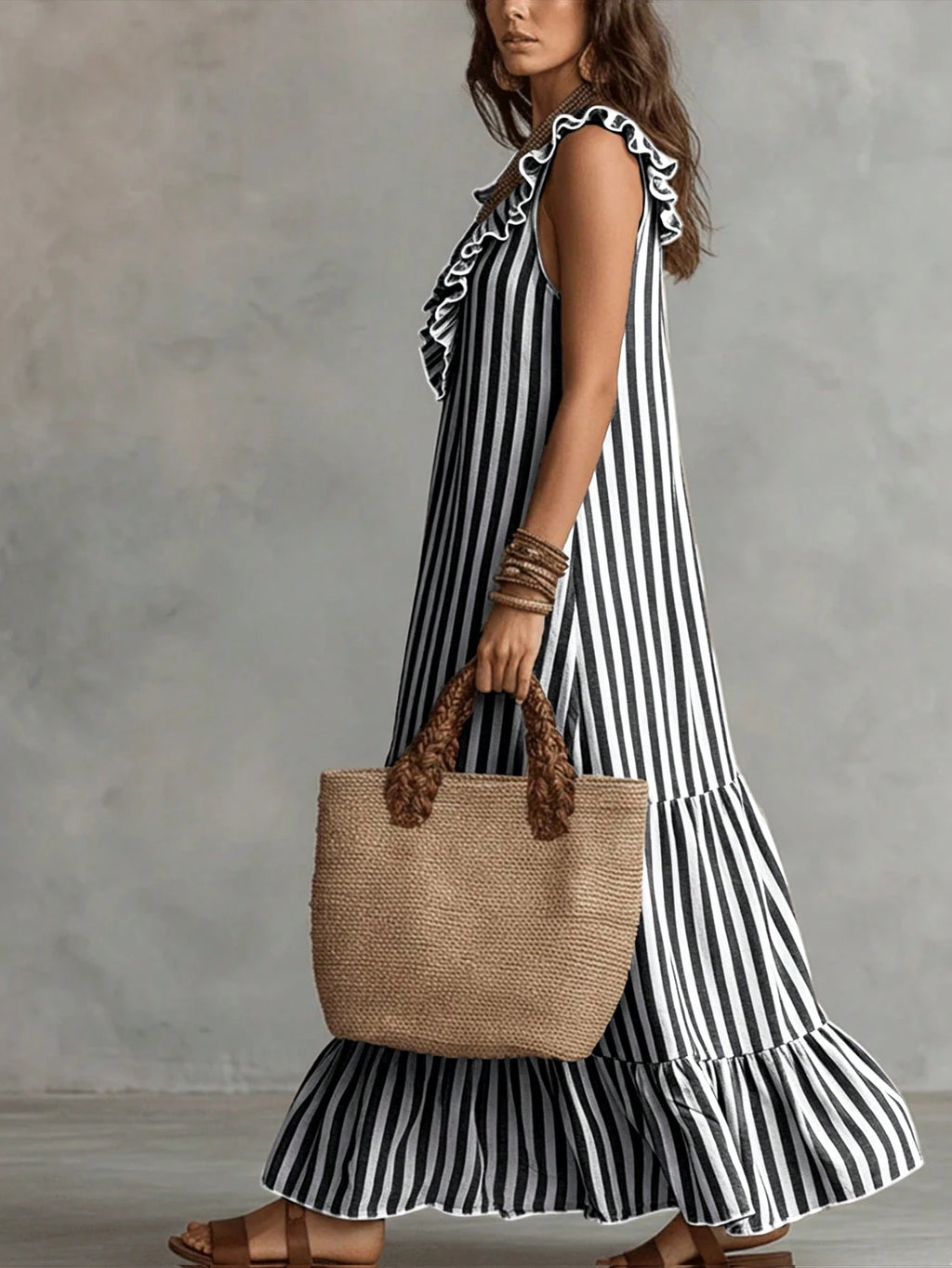 LUMIGAL Women's Woven Casual Resort Striped Summer Long Dress