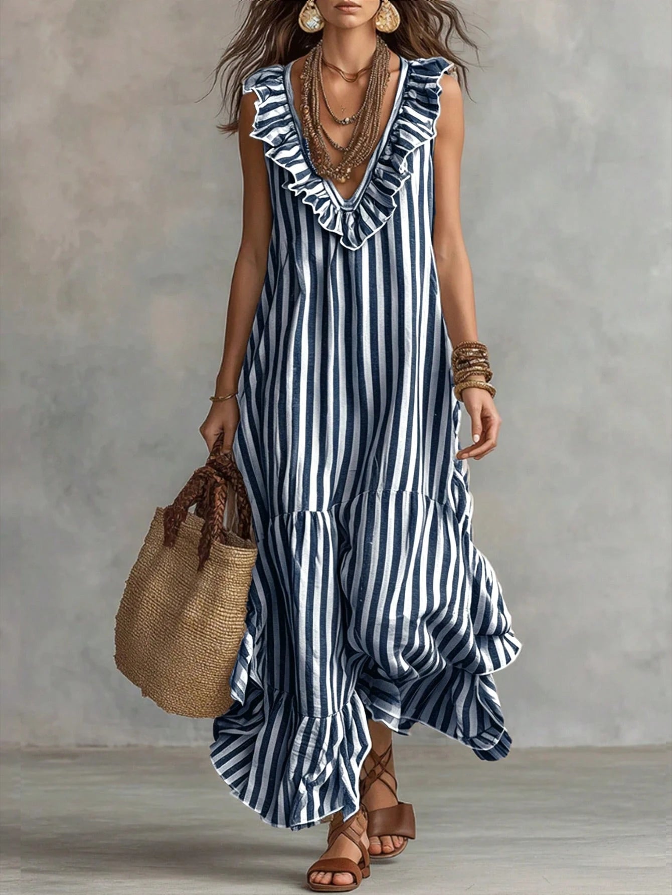 LUMIGAL Women's Woven Casual Resort Striped Summer Long Dress