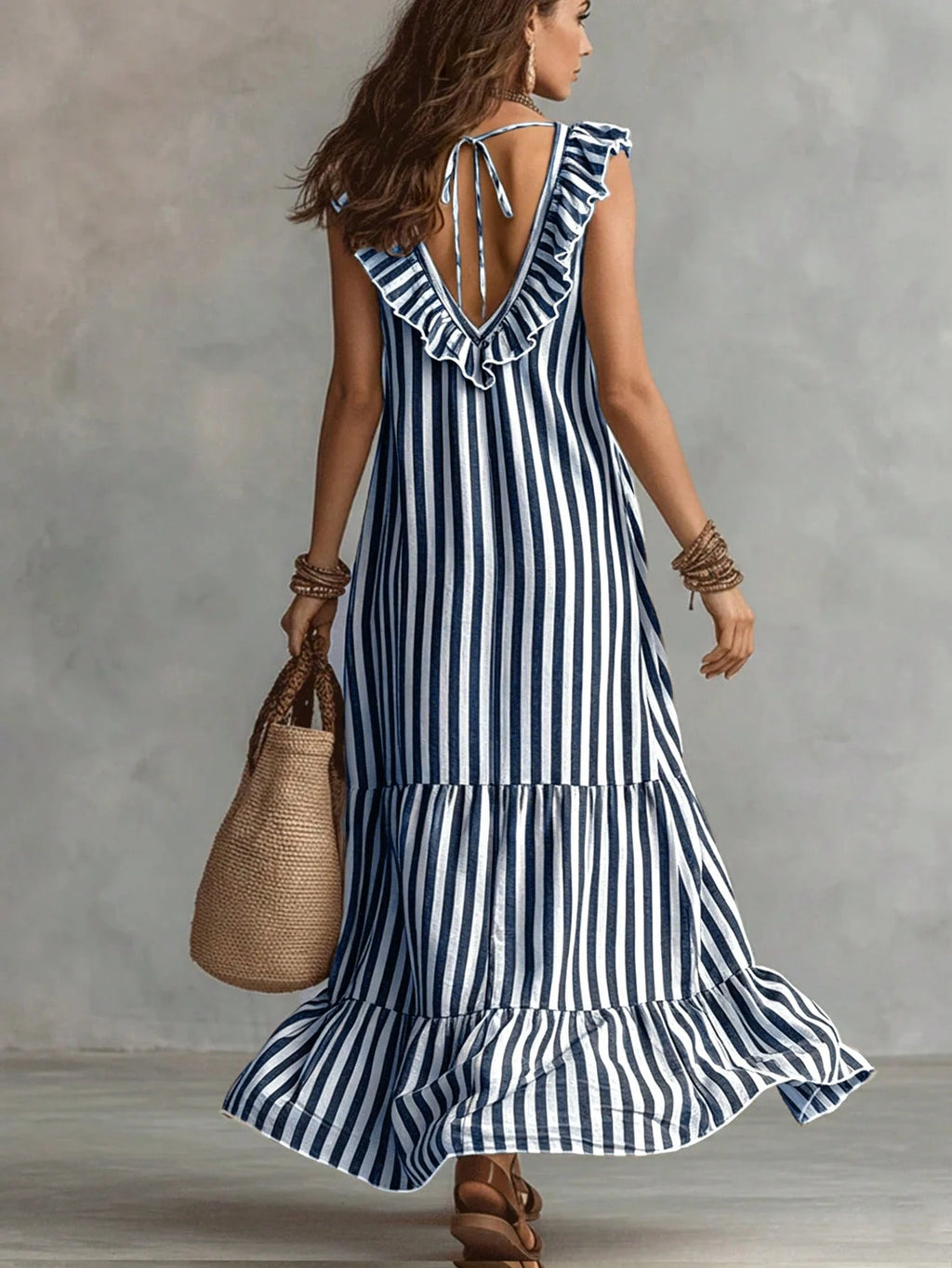 LUMIGAL Women's Woven Casual Resort Striped Summer Long Dress