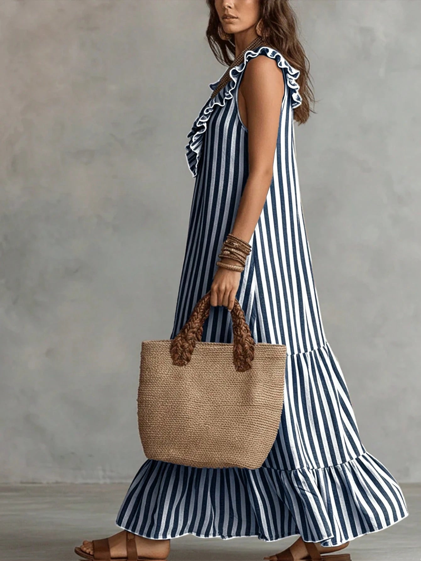LUMIGAL Women's Woven Casual Resort Striped Summer Long Dress