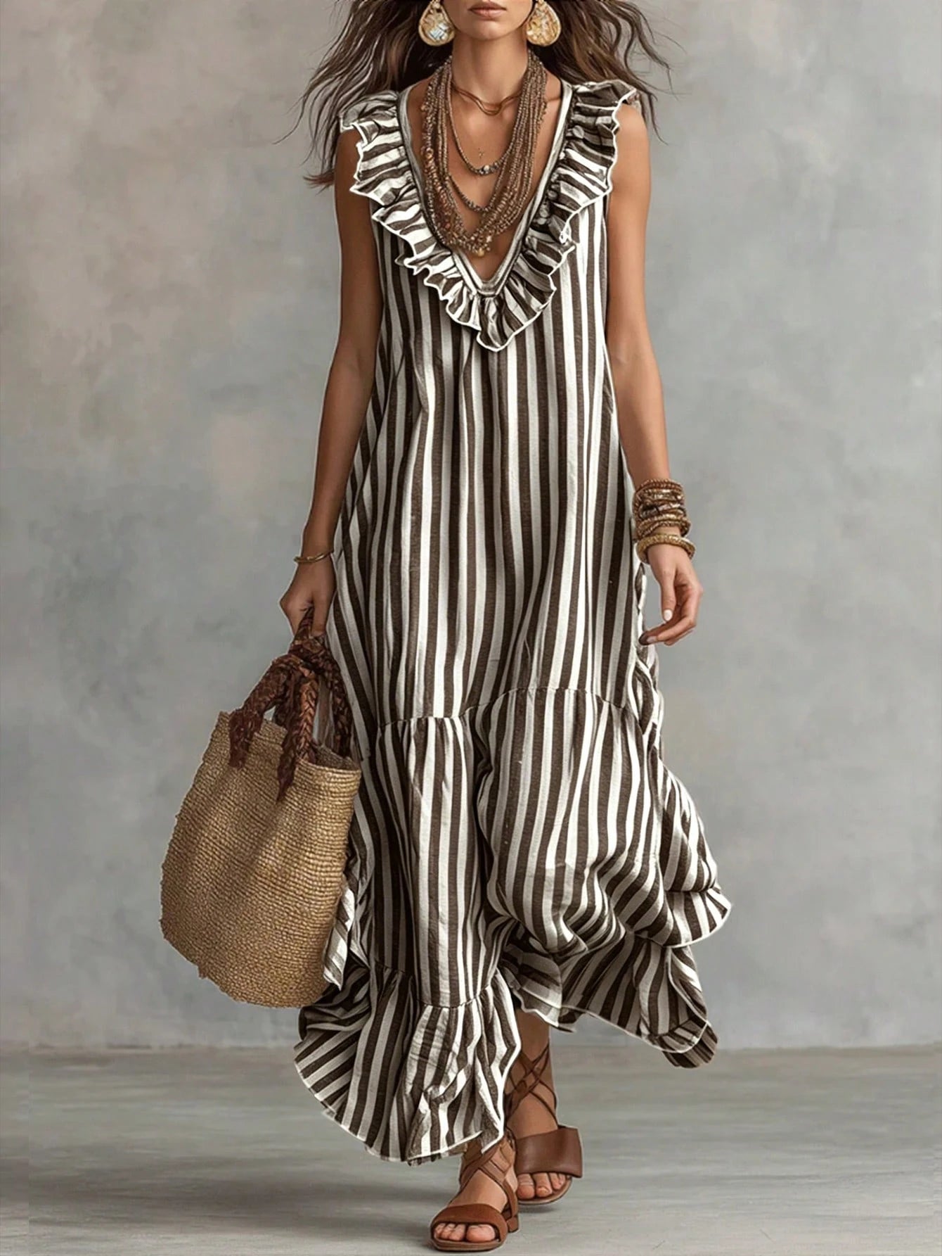 LUMIGAL Women's Woven Casual Resort Striped Summer Long Dress