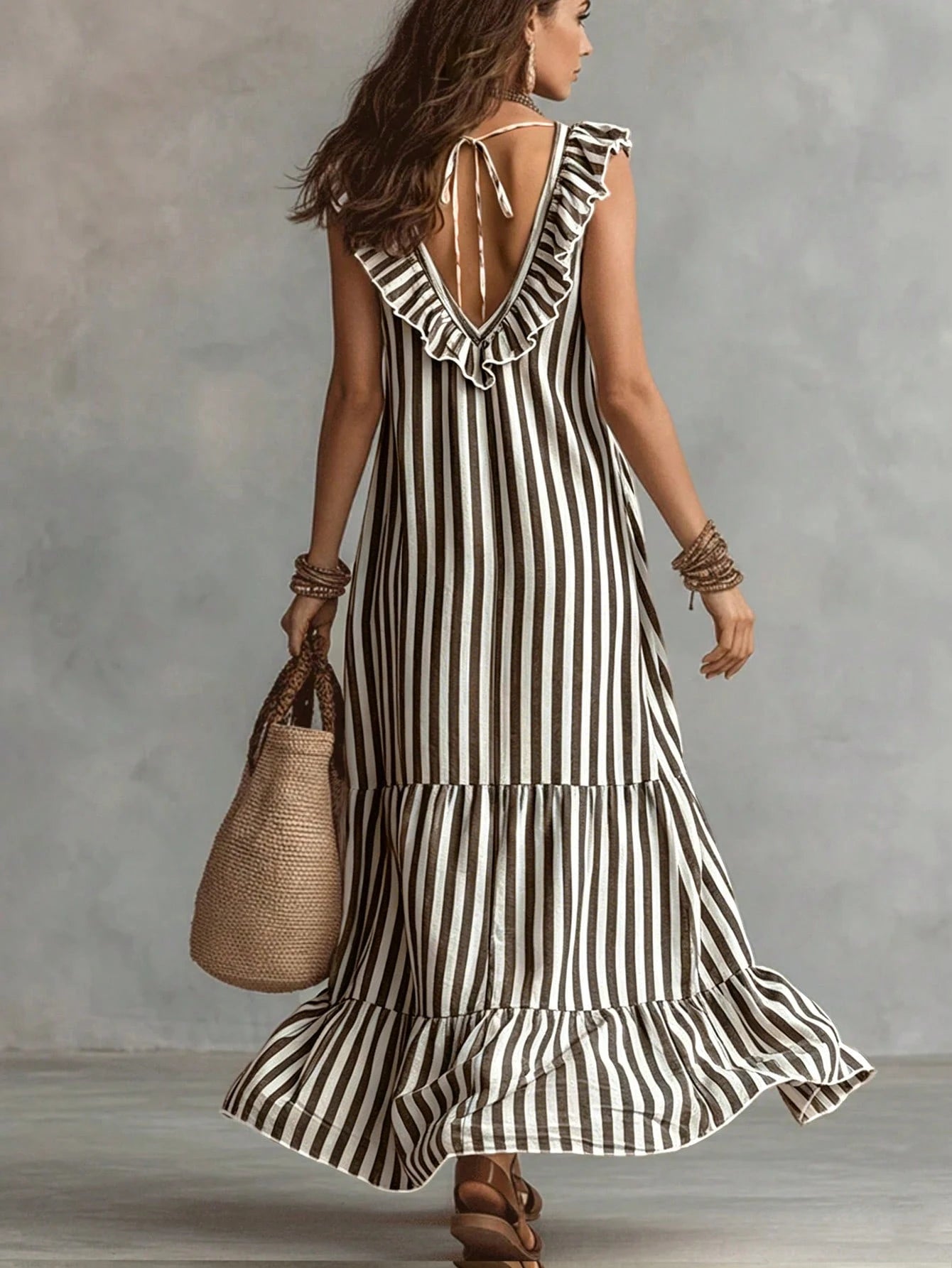 LUMIGAL Women's Woven Casual Resort Striped Summer Long Dress