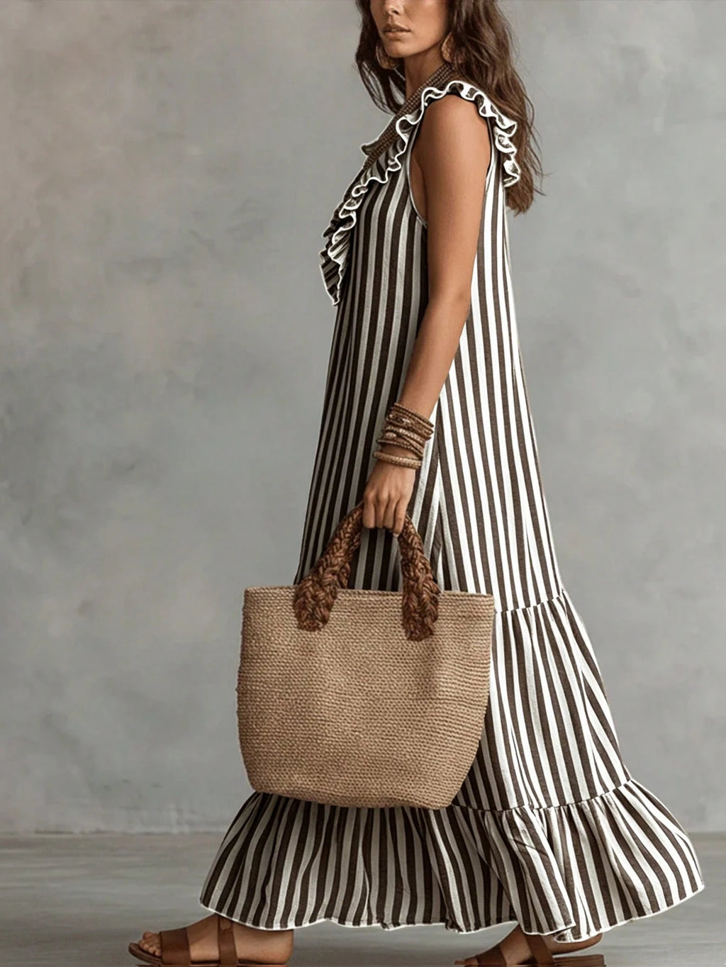 LUMIGAL Women's Woven Casual Resort Striped Summer Long Dress
