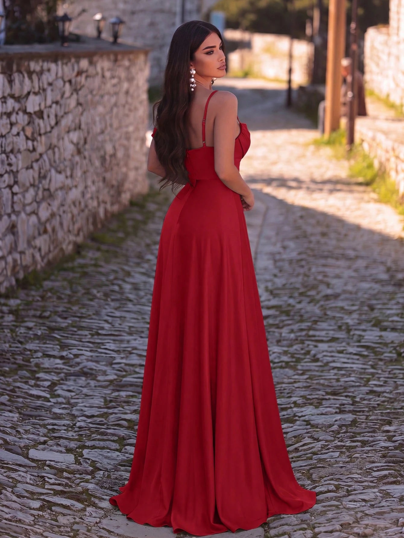 Faeriesty Sleeveless Backless Maxi Bridesmaid Dress With Draped Neck And Slit, Medium Stretch Knitted Fabric - image 2