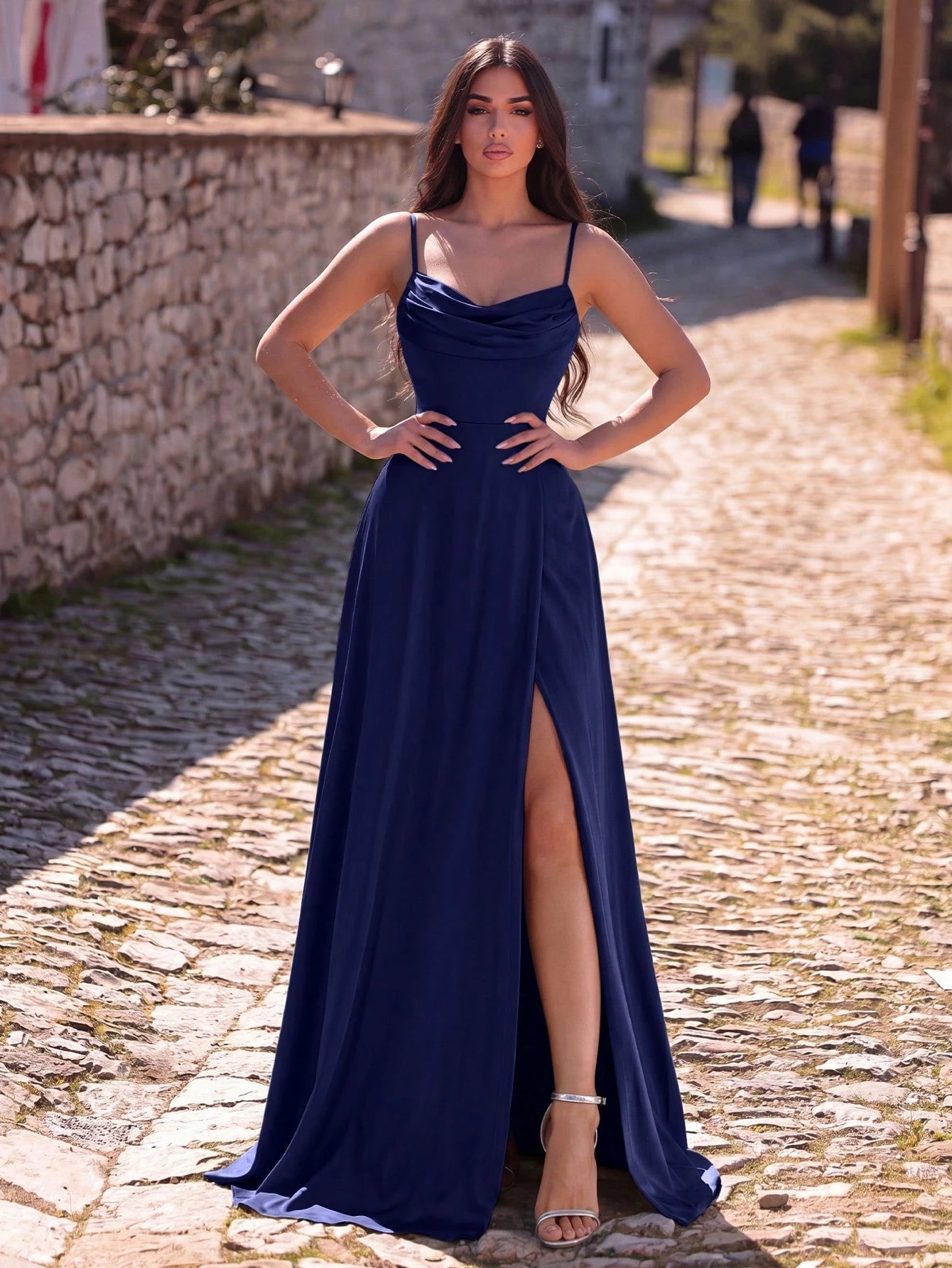 Faeriesty Sleeveless Backless Maxi Bridesmaid Dress With Draped Neck And Slit, Medium Stretch Knitted Fabric - image 5