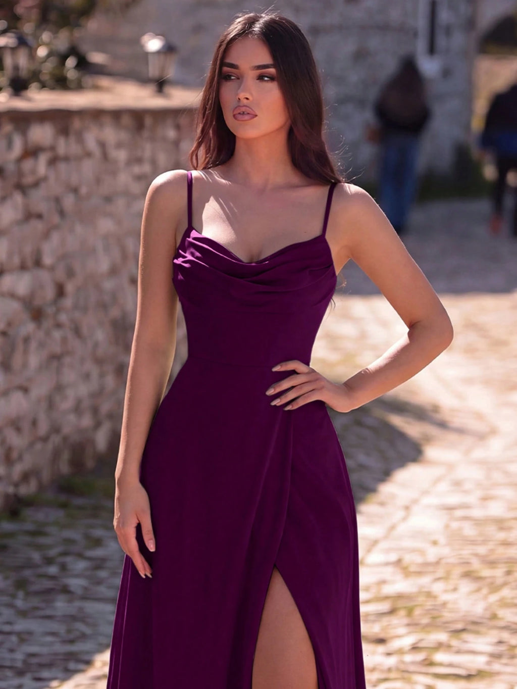 Faeriesty Sleeveless Backless Maxi Bridesmaid Dress With Draped Neck And Slit, Medium Stretch Knitted Fabric - image 15