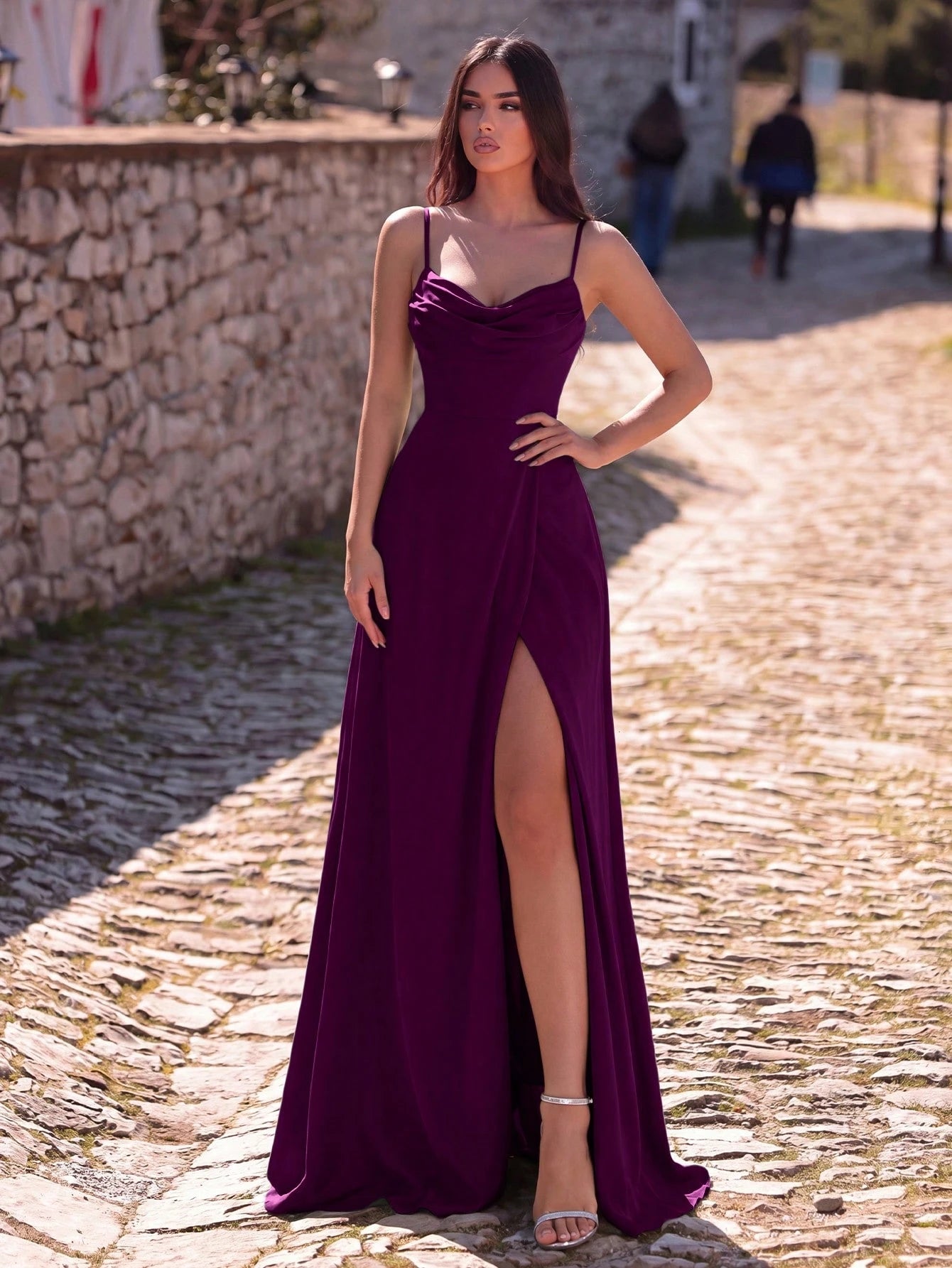 Faeriesty Sleeveless Backless Maxi Bridesmaid Dress With Draped Neck And Slit, Medium Stretch Knitted Fabric - image 13