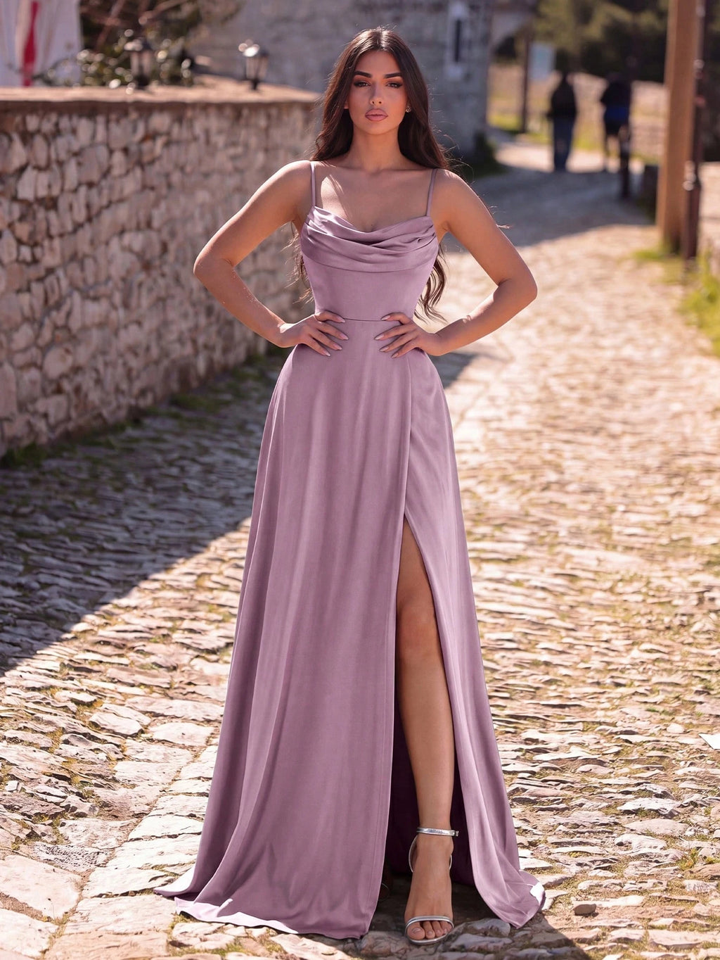 Faeriesty Sleeveless Backless Maxi Bridesmaid Dress With Draped Neck And Slit, Medium Stretch Knitted Fabric - image 19