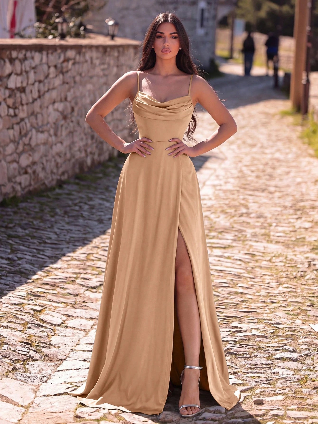 Faeriesty Sleeveless Backless Maxi Bridesmaid Dress With Draped Neck And Slit, Medium Stretch Knitted Fabric - image 10