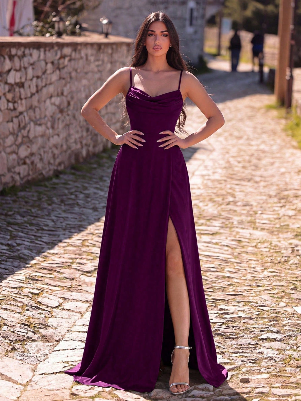 Faeriesty Sleeveless Backless Maxi Bridesmaid Dress With Draped Neck And Slit, Medium Stretch Knitted Fabric - image 14