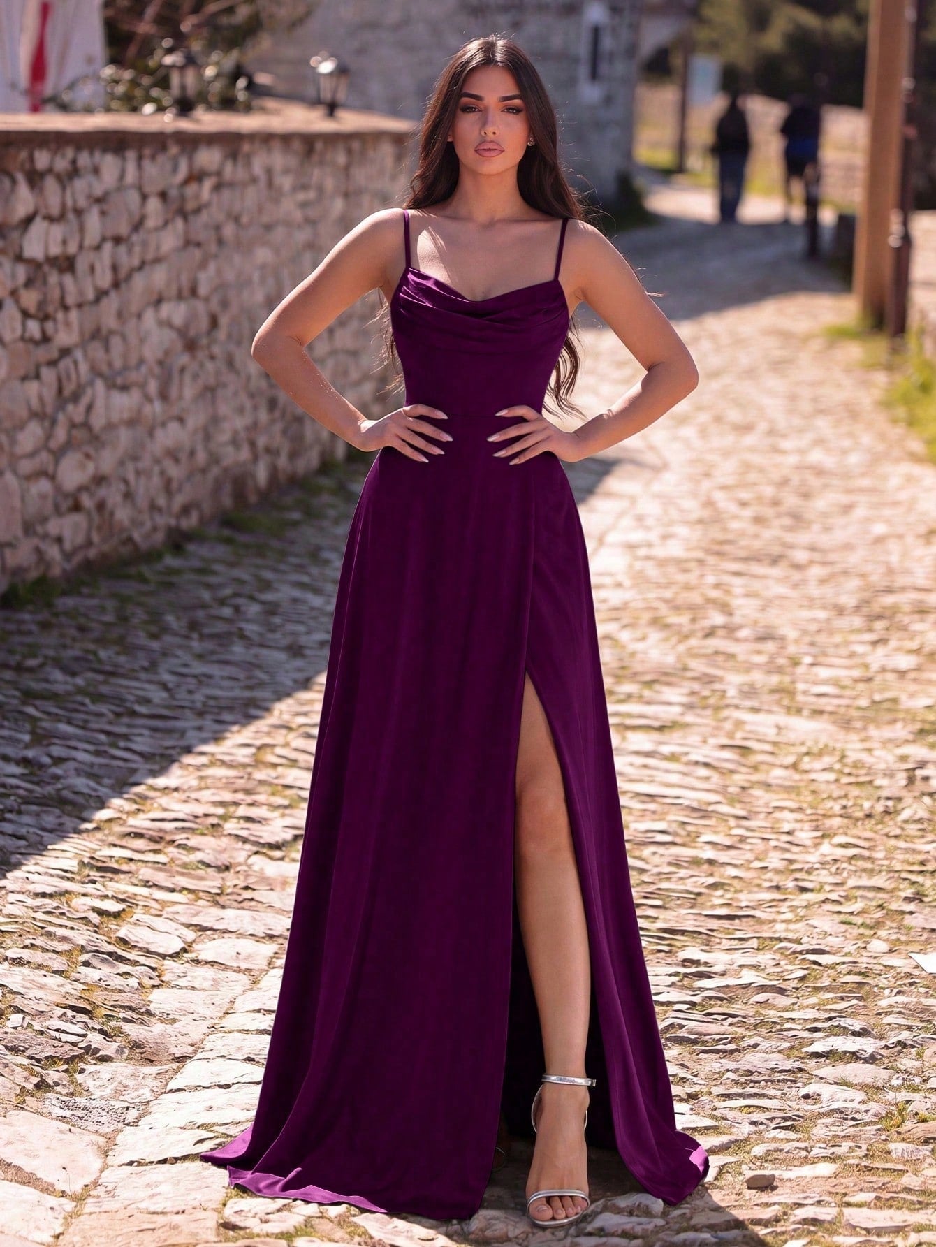 Faeriesty Sleeveless Backless Maxi Bridesmaid Dress With Draped Neck And Slit, Medium Stretch Knitted Fabric - image 14