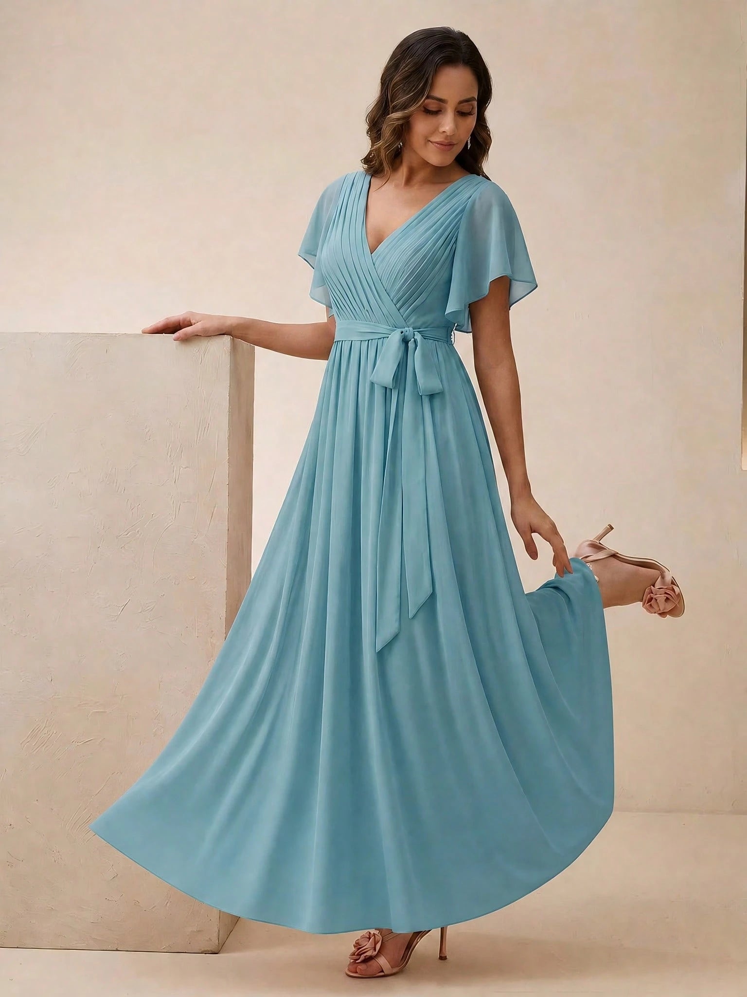 EVERPRETTY Butterfly Sleeve Pleated Chiffon Light Pink Bridesmaid