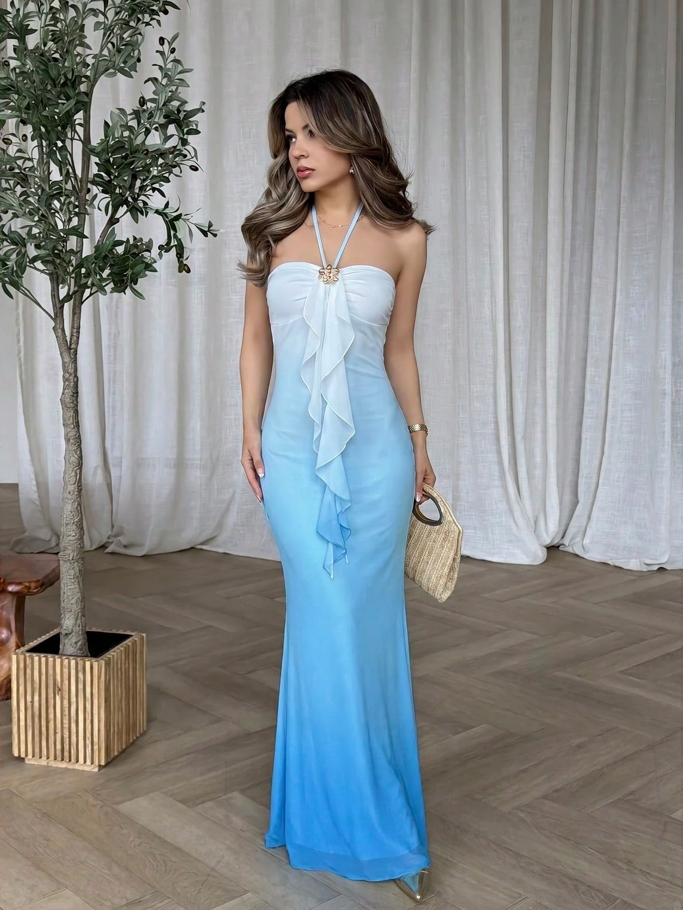 Jemour Women's Vacation Blue Knit Mesh Romantic Fitted Halter Tie Metal Buckle Decor Fishtail Maxi Dress, - image 7
