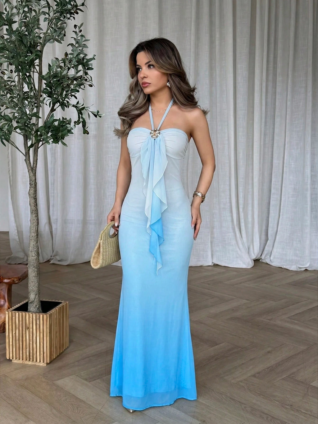 Jemour Women's Vacation Blue Knit Mesh Romantic Fitted Halter Tie Metal Buckle Decor Fishtail Maxi Dress, - image 10