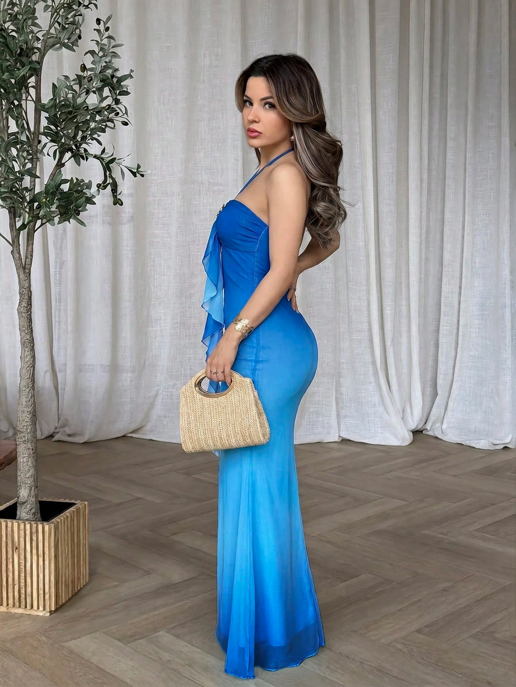 Jemour Women's Vacation Blue Knit Mesh Romantic Fitted Halter Tie Metal Buckle Decor Fishtail Maxi Dress, - image 14