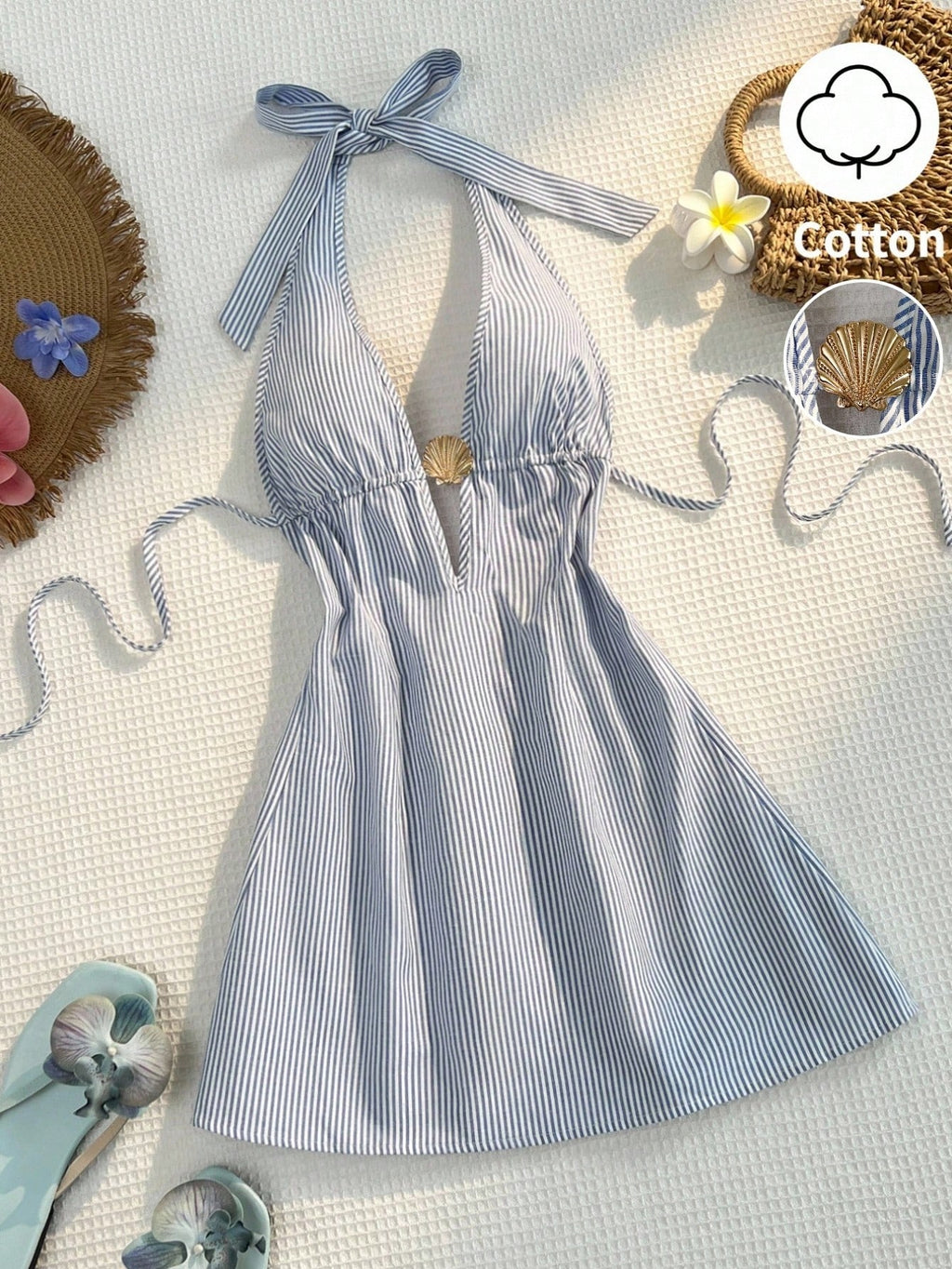 Sunnyshic Women Blue And White Stripe Bamboo Fiber Deep V Halter